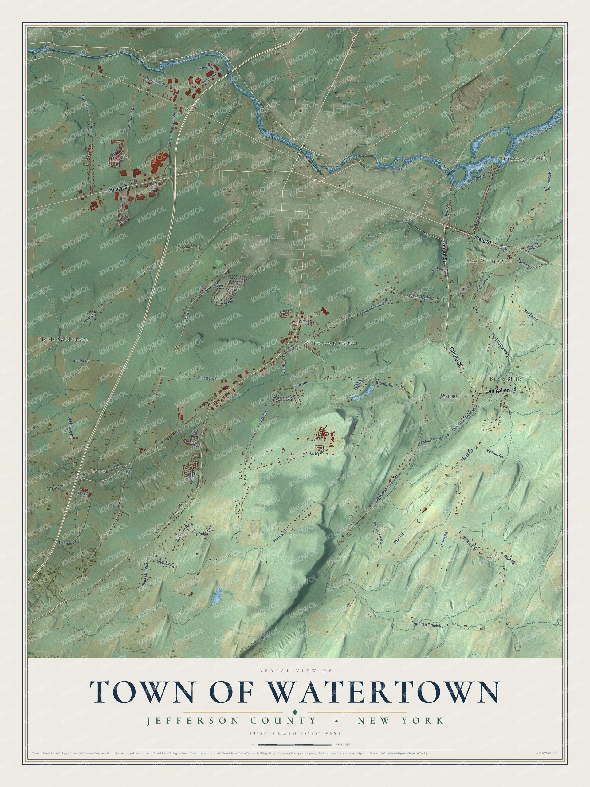 Detailed map of the Town of Watertown, Jefferson County, New York, showing streets, buildings, and neighborhoods