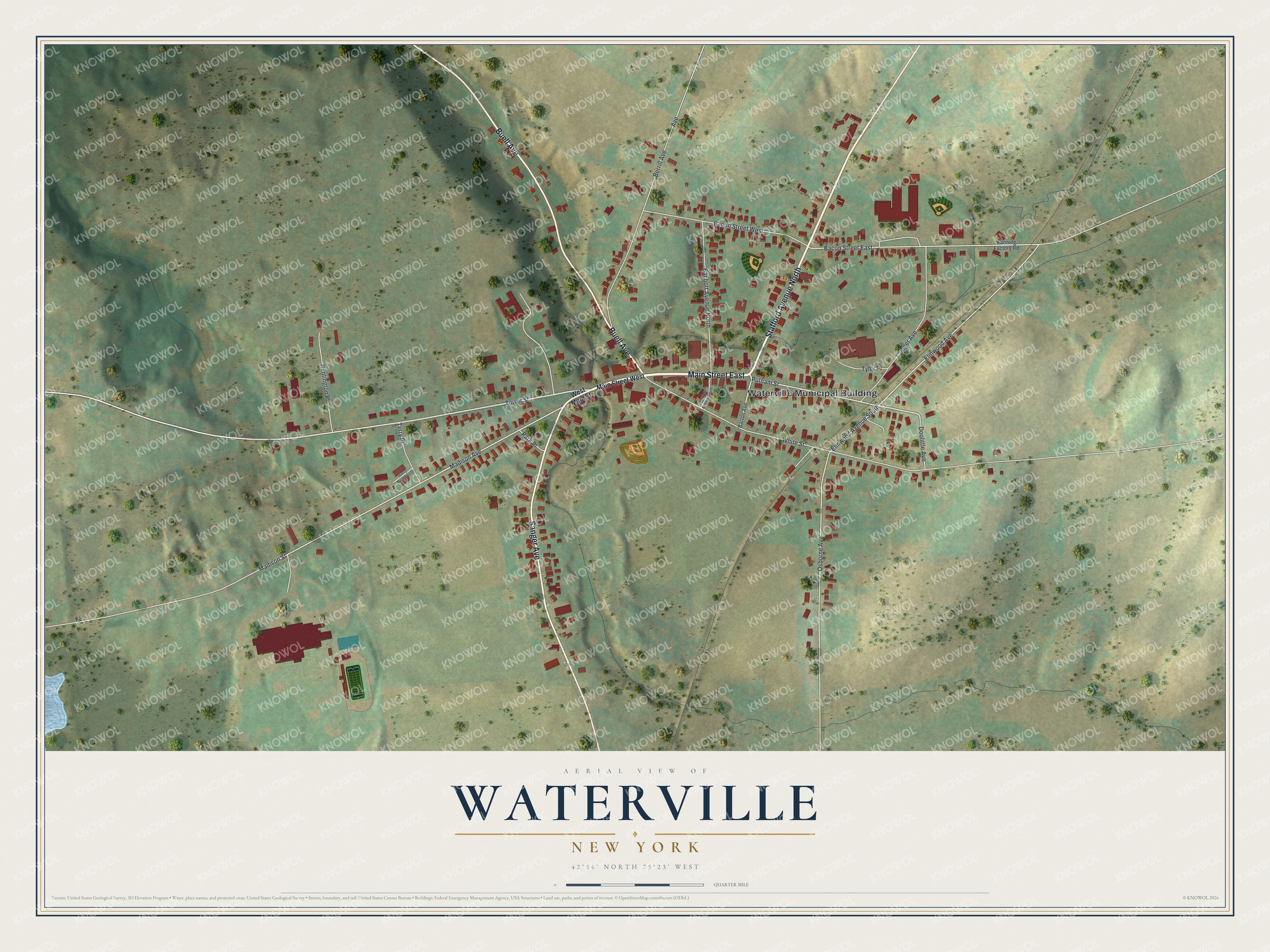 Full map of Waterville, New York, with red buildings, printed street names and the land around them