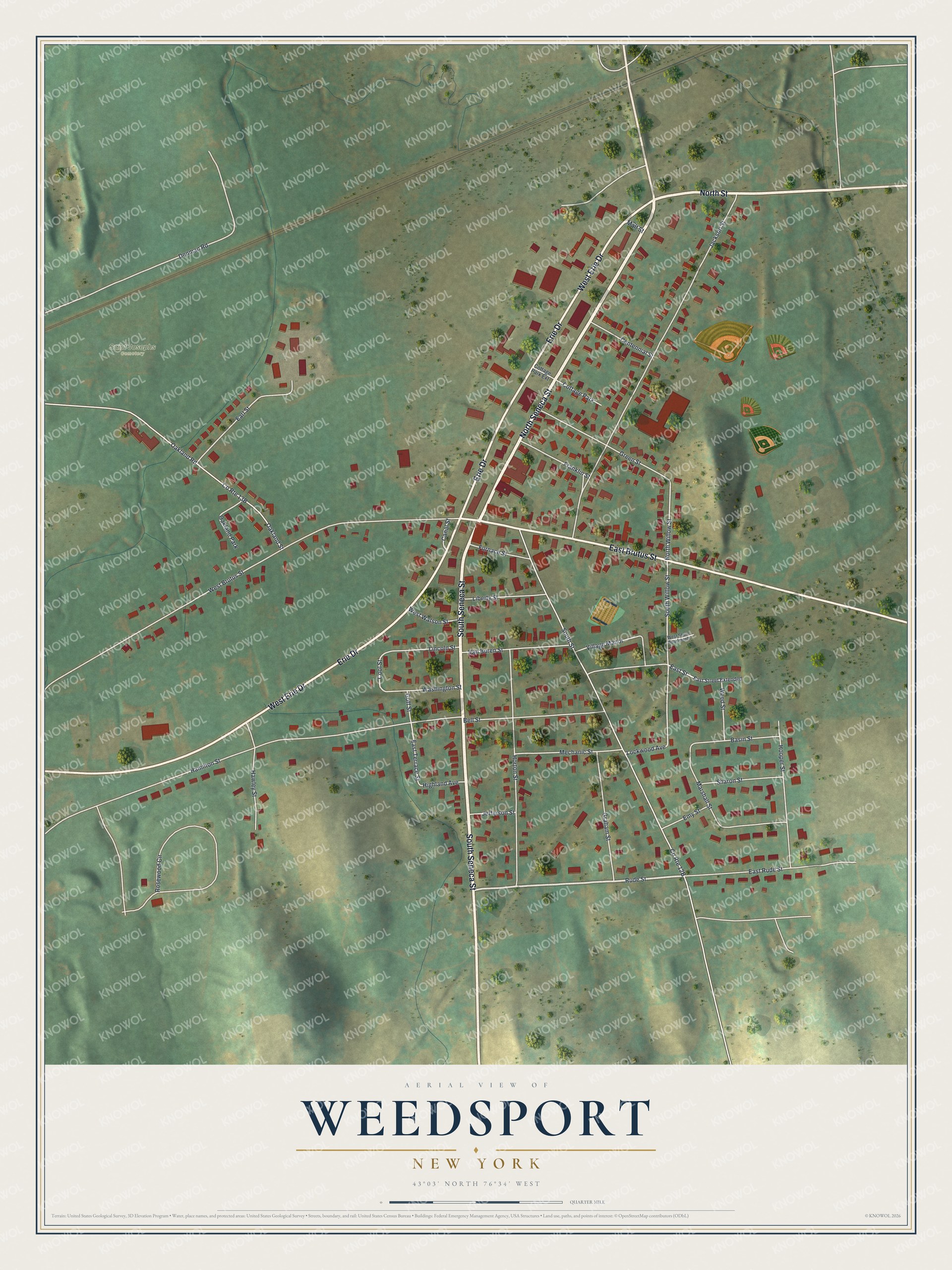 Full map of Weedsport, New York, with red buildings, printed street names and the land around them