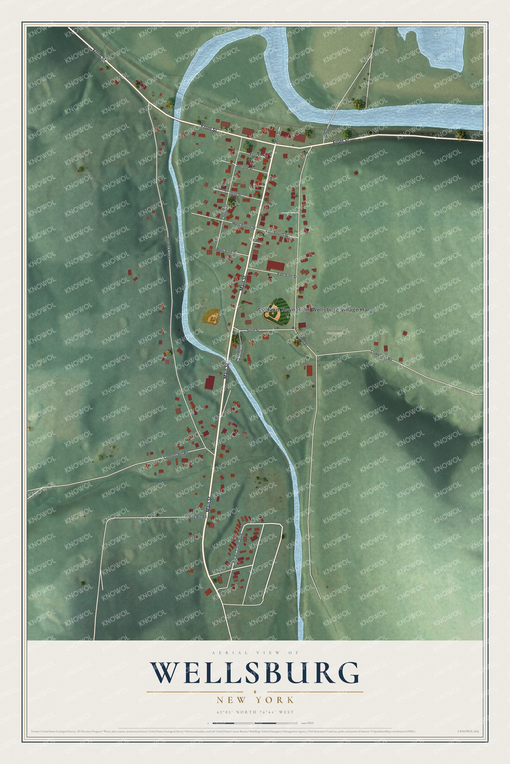 Full map of Wellsburg, New York, with red buildings, printed street names and the land around them