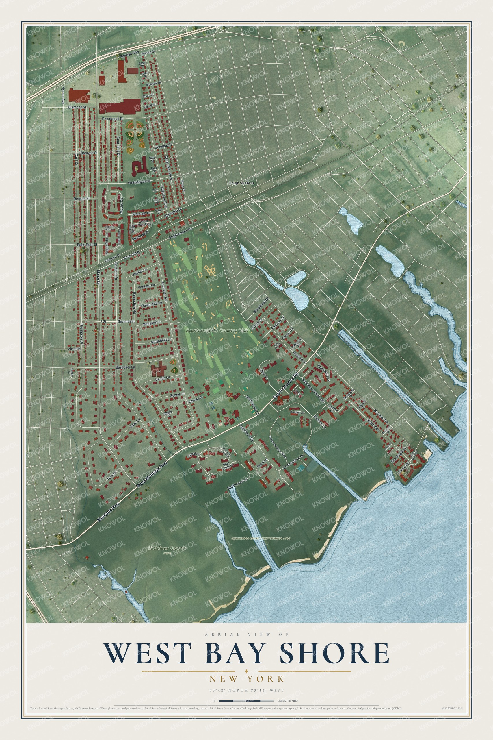Full map of West Bay Shore, New York, with red buildings, printed street names and the land around them