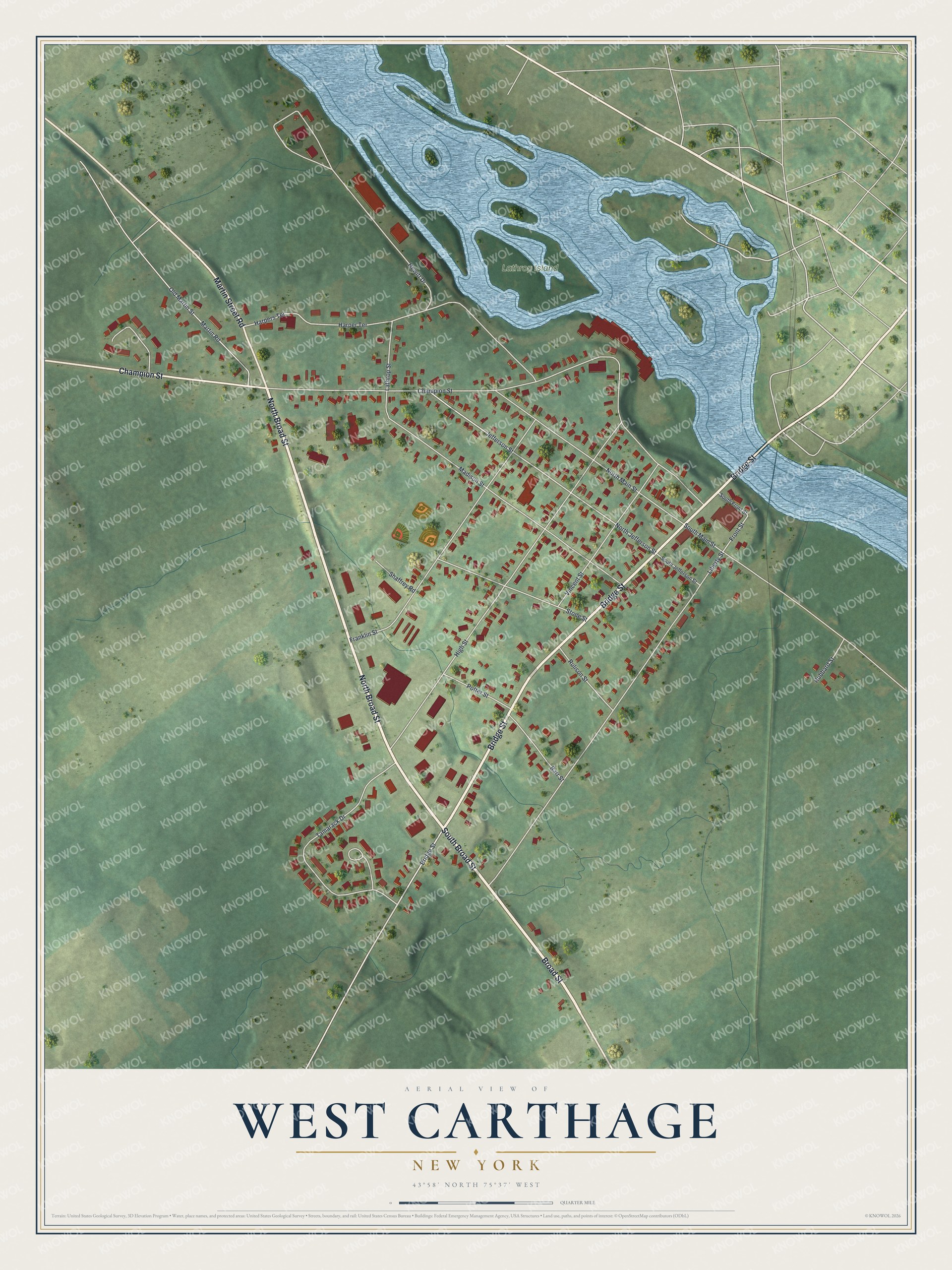 Full map of West Carthage, New York, with red buildings, printed street names and the land around them