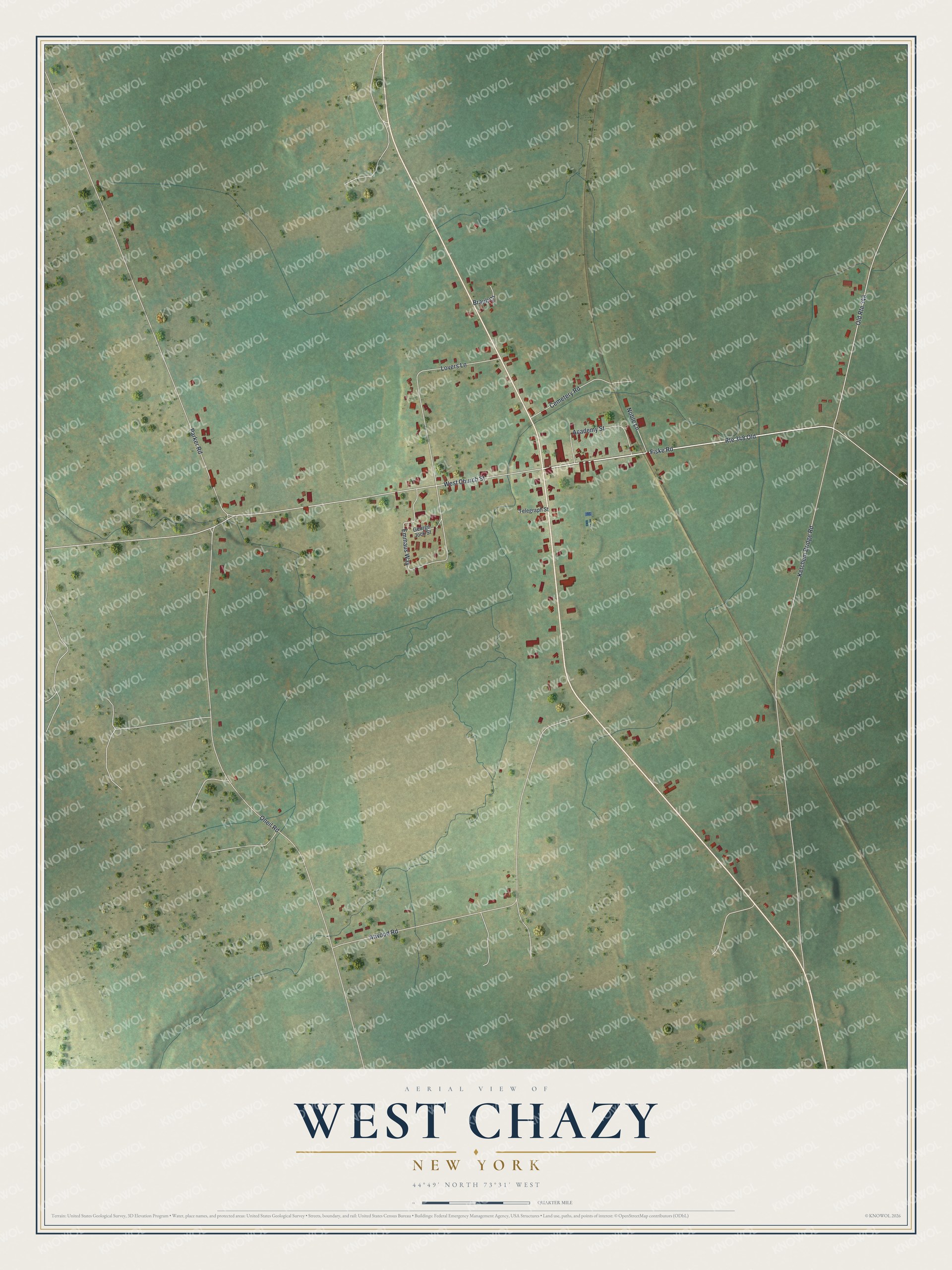 Full map of West Chazy, New York, with red buildings, printed street names and the land around them
