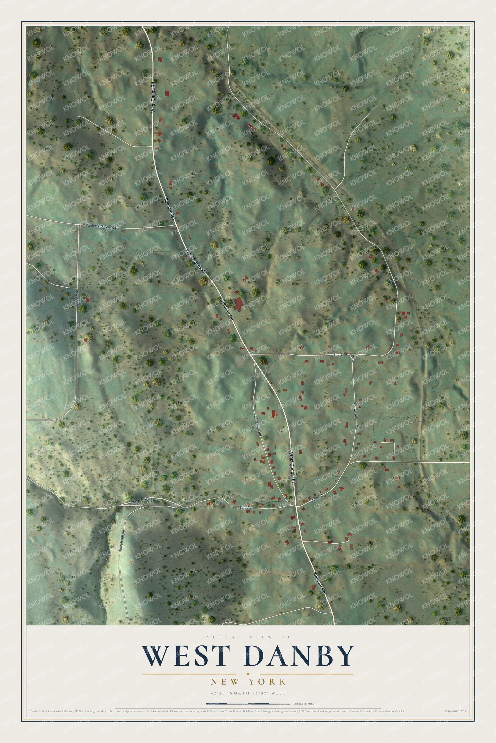 Full map of West Danby, New York, with red buildings, printed street names and the land around them