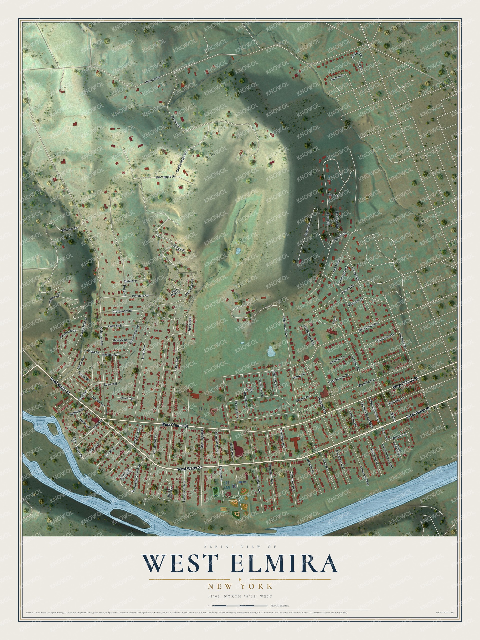 Full map of West Elmira, New York, with red buildings, printed street names and the land around them