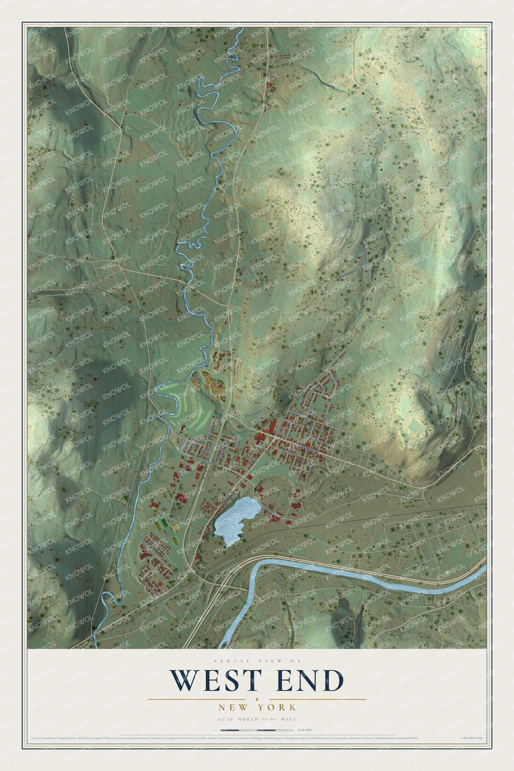 Full map of West End, New York, with red buildings, printed street names and the land around them