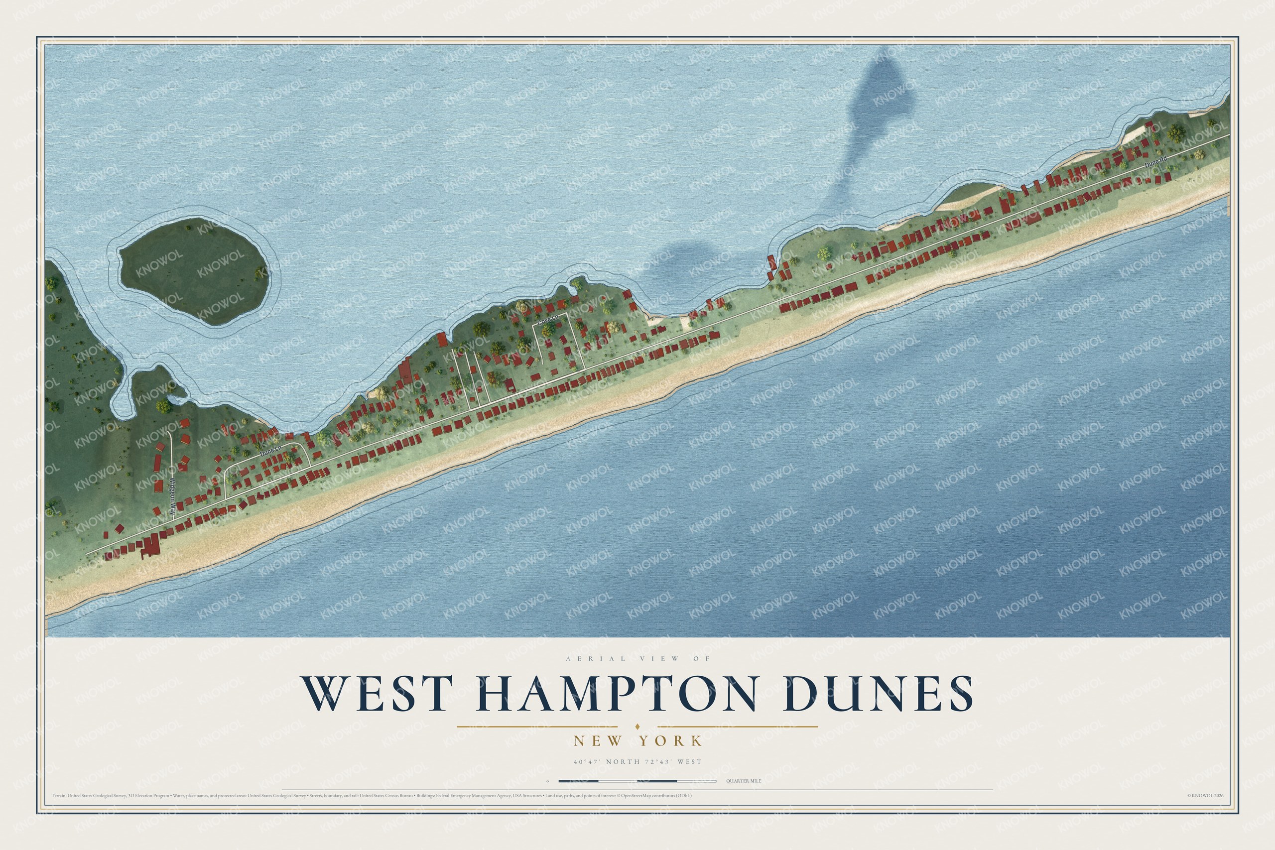 Full map of West Hampton Dunes, New York, with red buildings, printed street names and the land around them