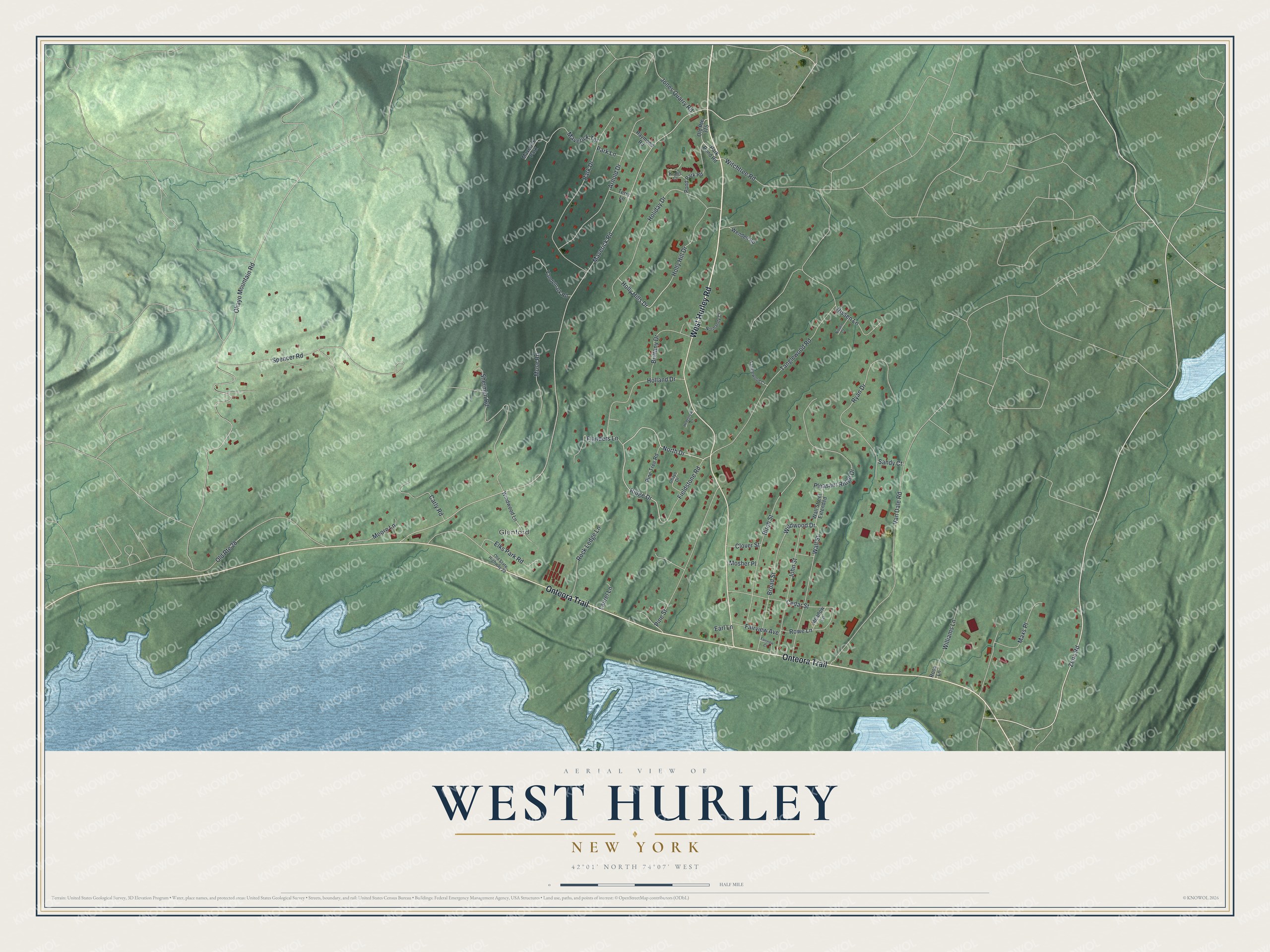 Full map of West Hurley, New York, with red buildings, printed street names and the land around them