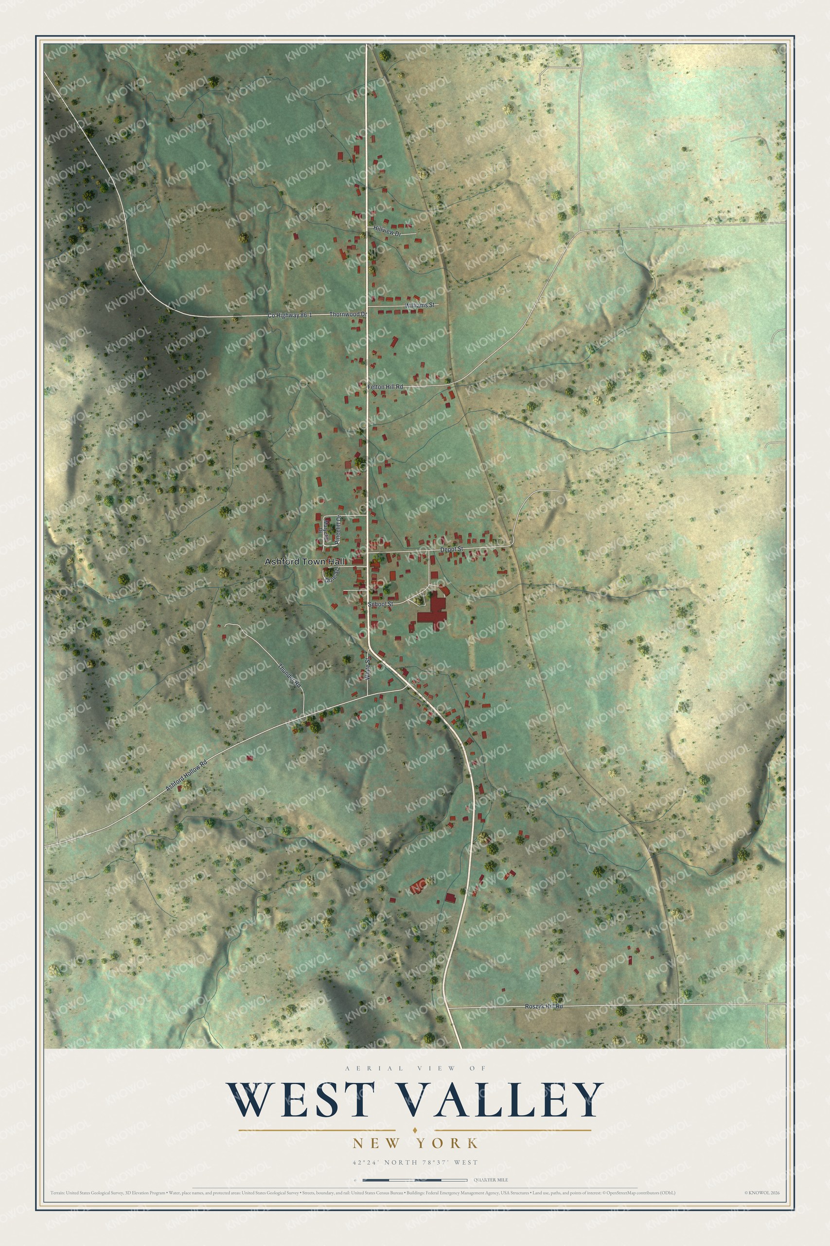 Full map of West Valley, New York, with red buildings, printed street names and the land around them