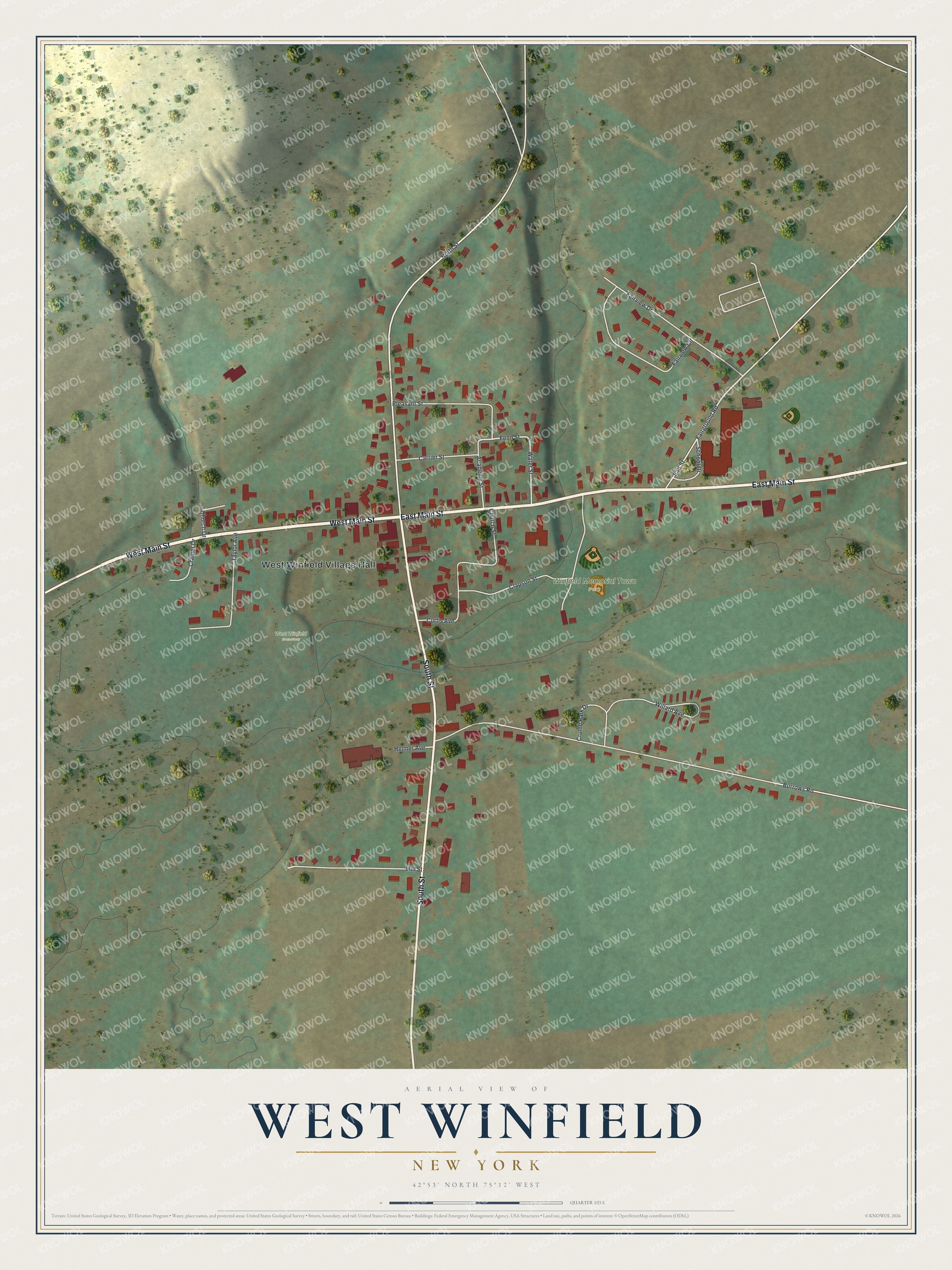 Full map of West Winfield, New York, with red buildings, printed street names and the land around them