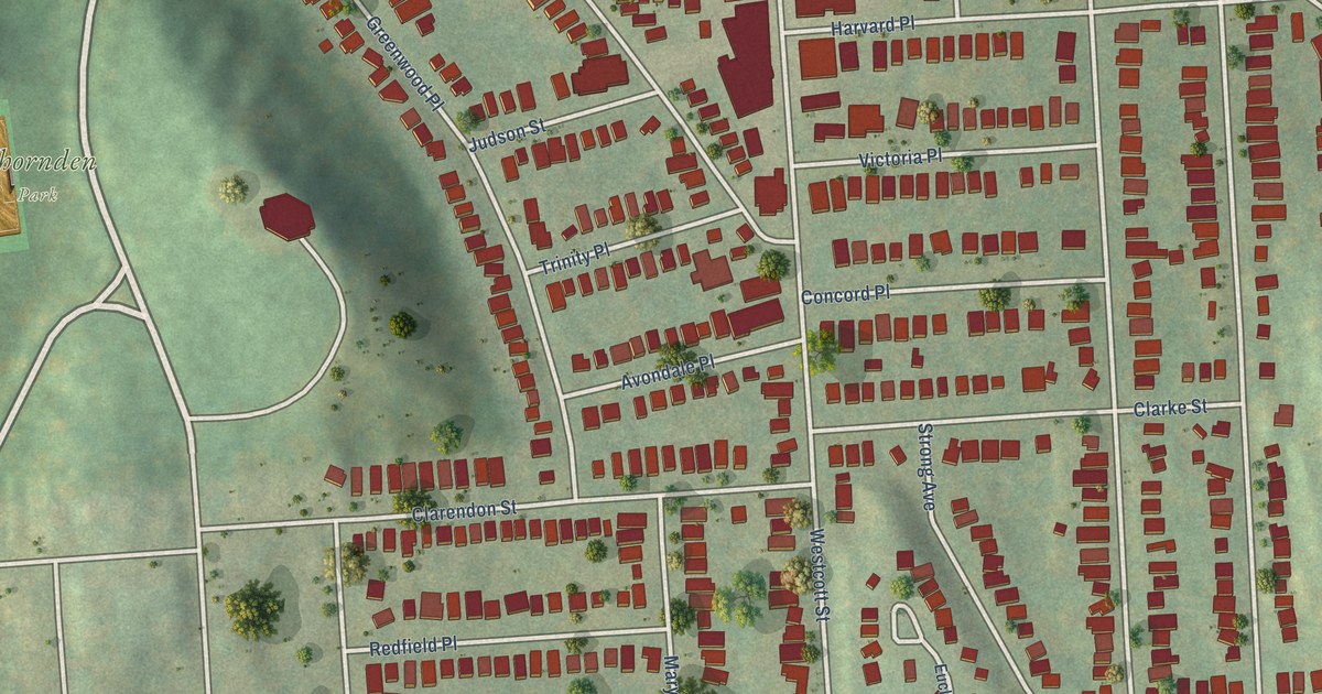 Close-up of streets and buildings in Westcott, New York