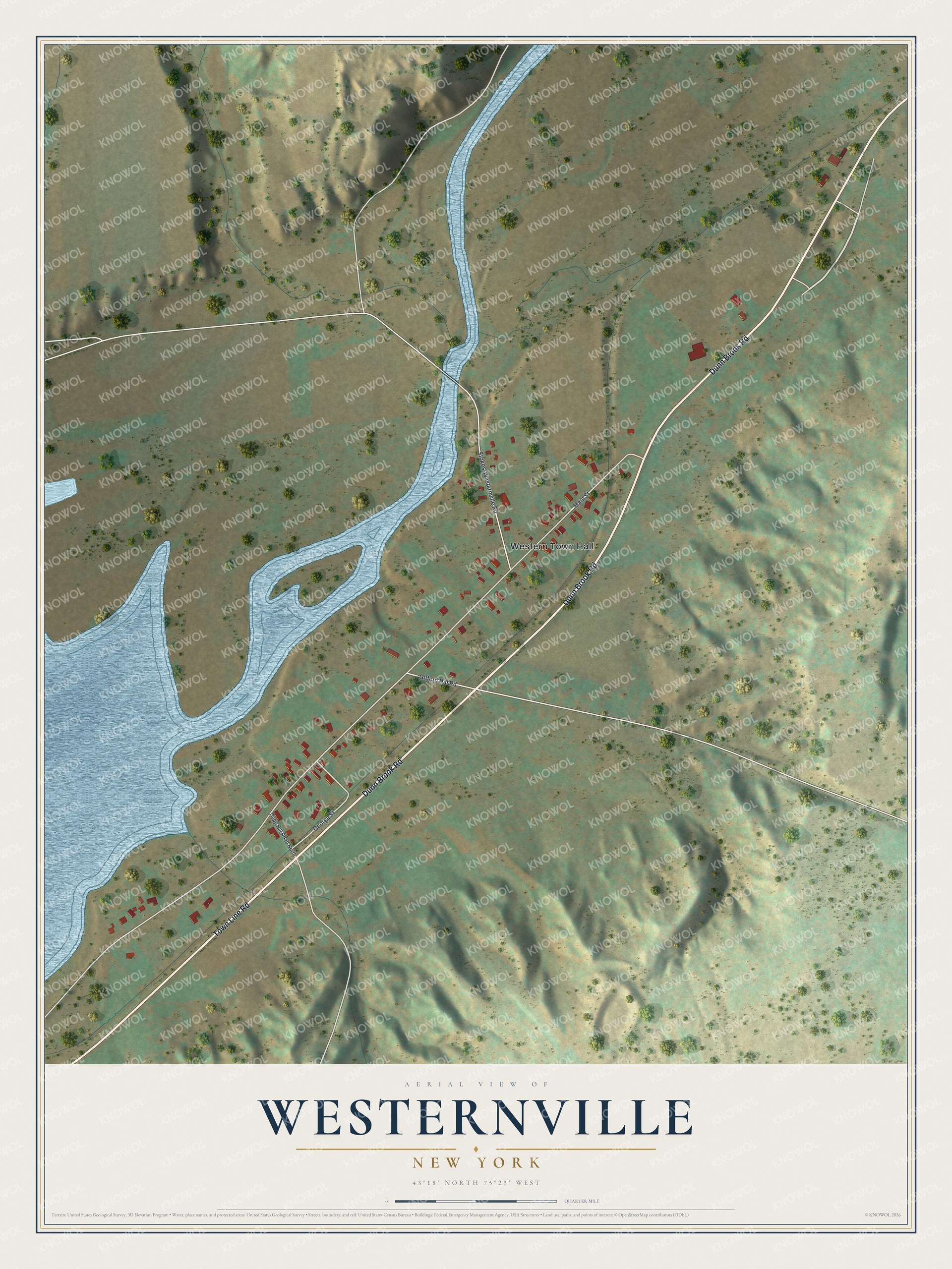 Full map of Westernville, New York, with red buildings, printed street names and the land around them