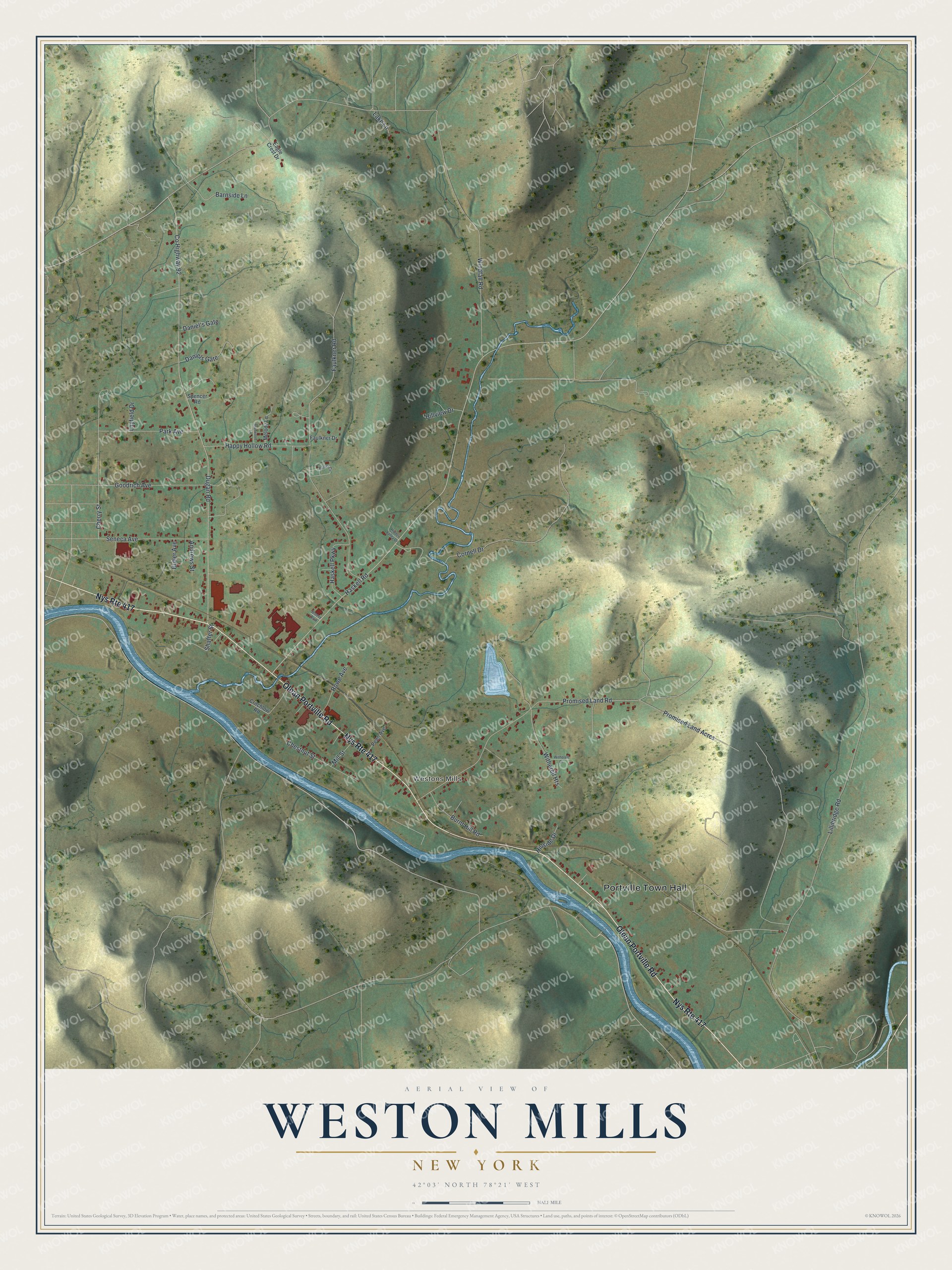 Full map of Weston Mills, New York, with red buildings, printed street names and the land around them