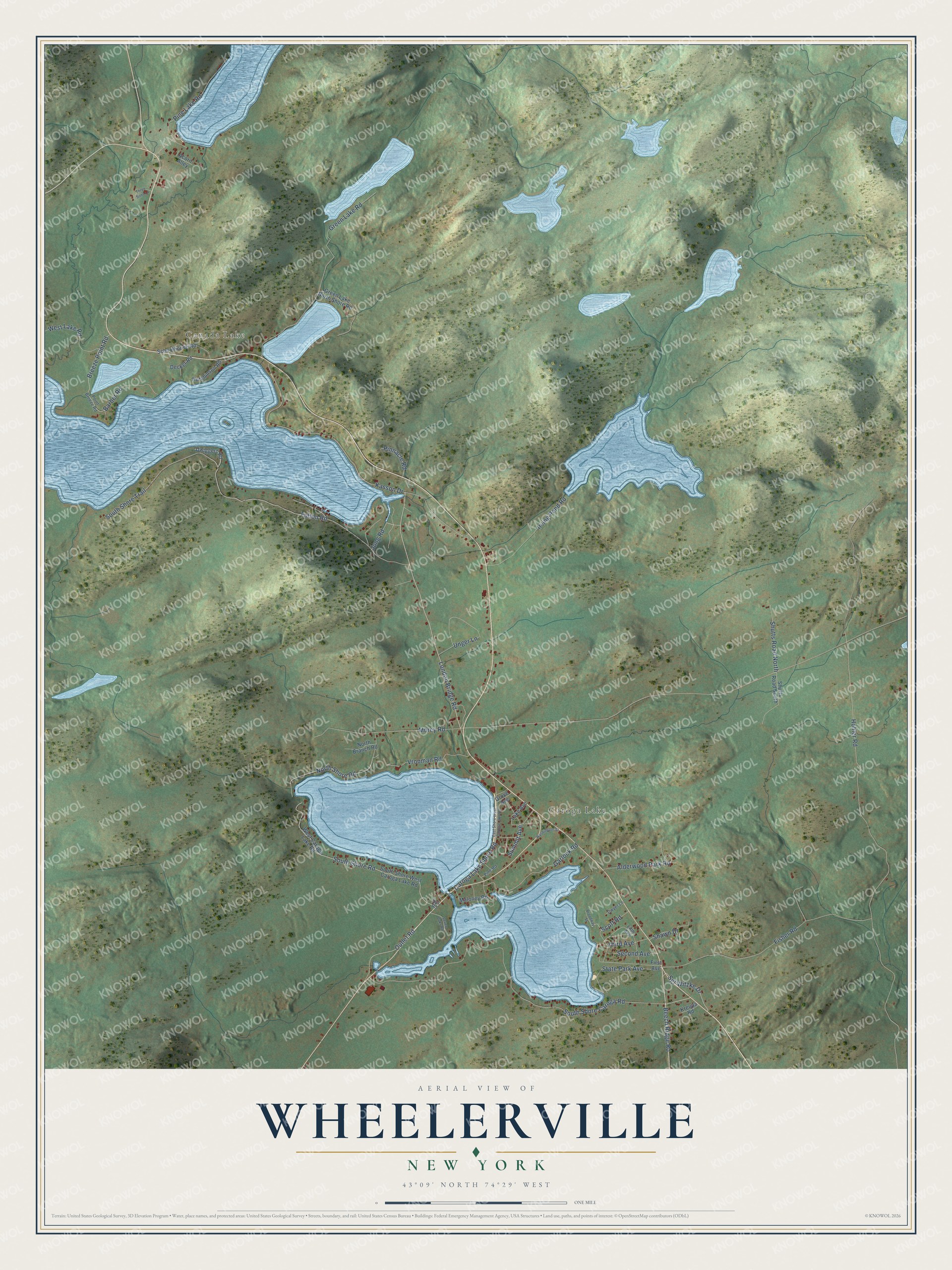 Full map of Wheelerville, New York, with red buildings, printed street names and the land around them