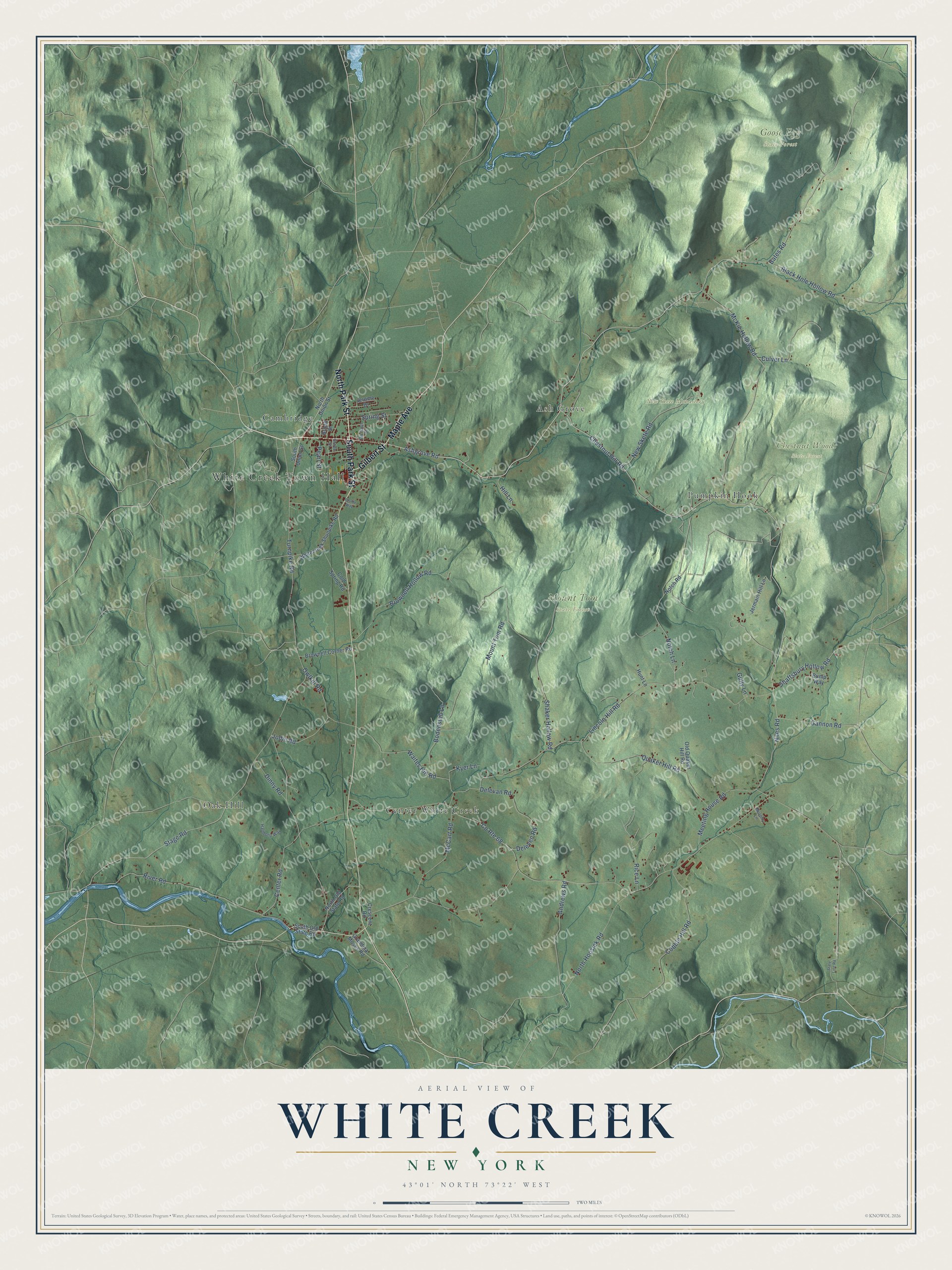 Detailed map of White Creek, New York, showing streets, buildings, neighborhoods, and parks