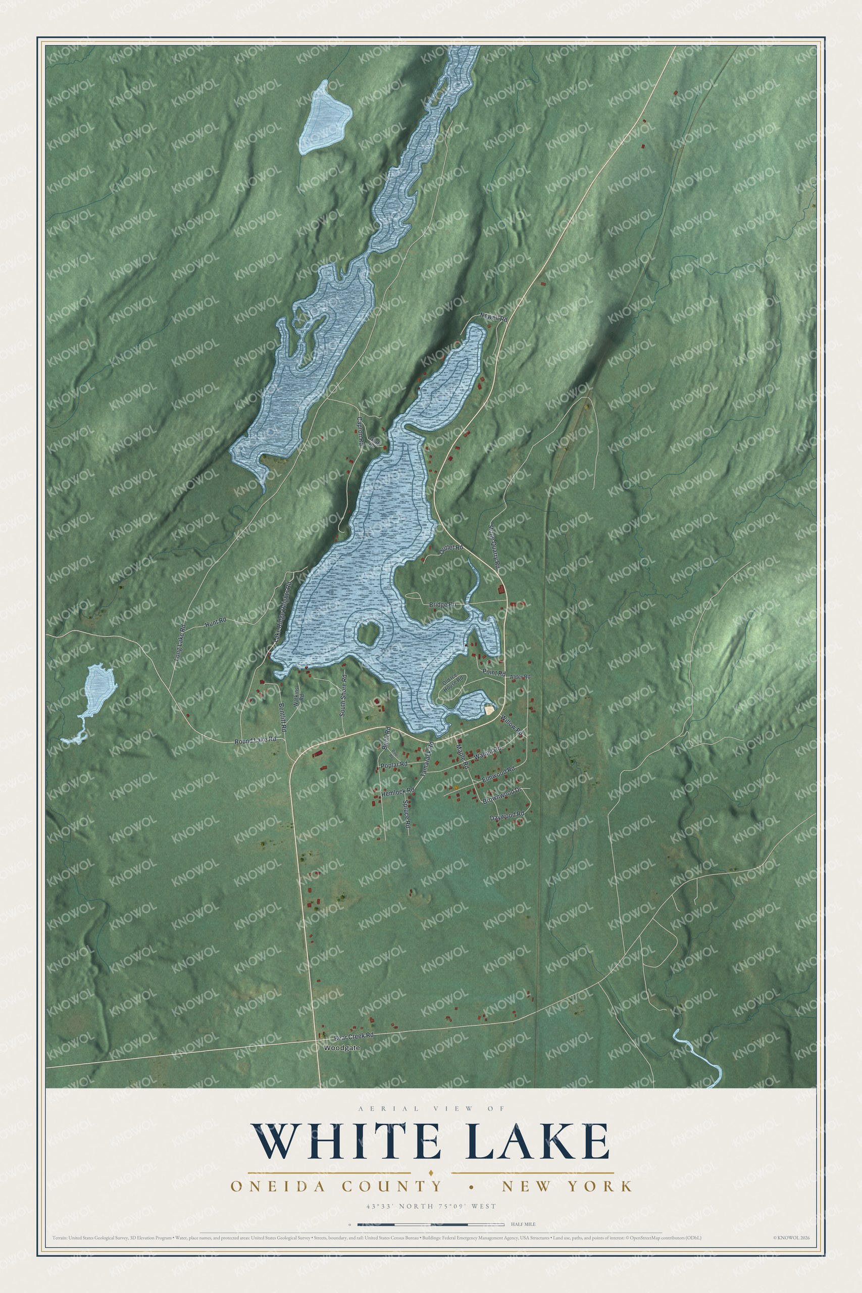 Full map of White Lake, New York, with red buildings, printed street names and the land around them