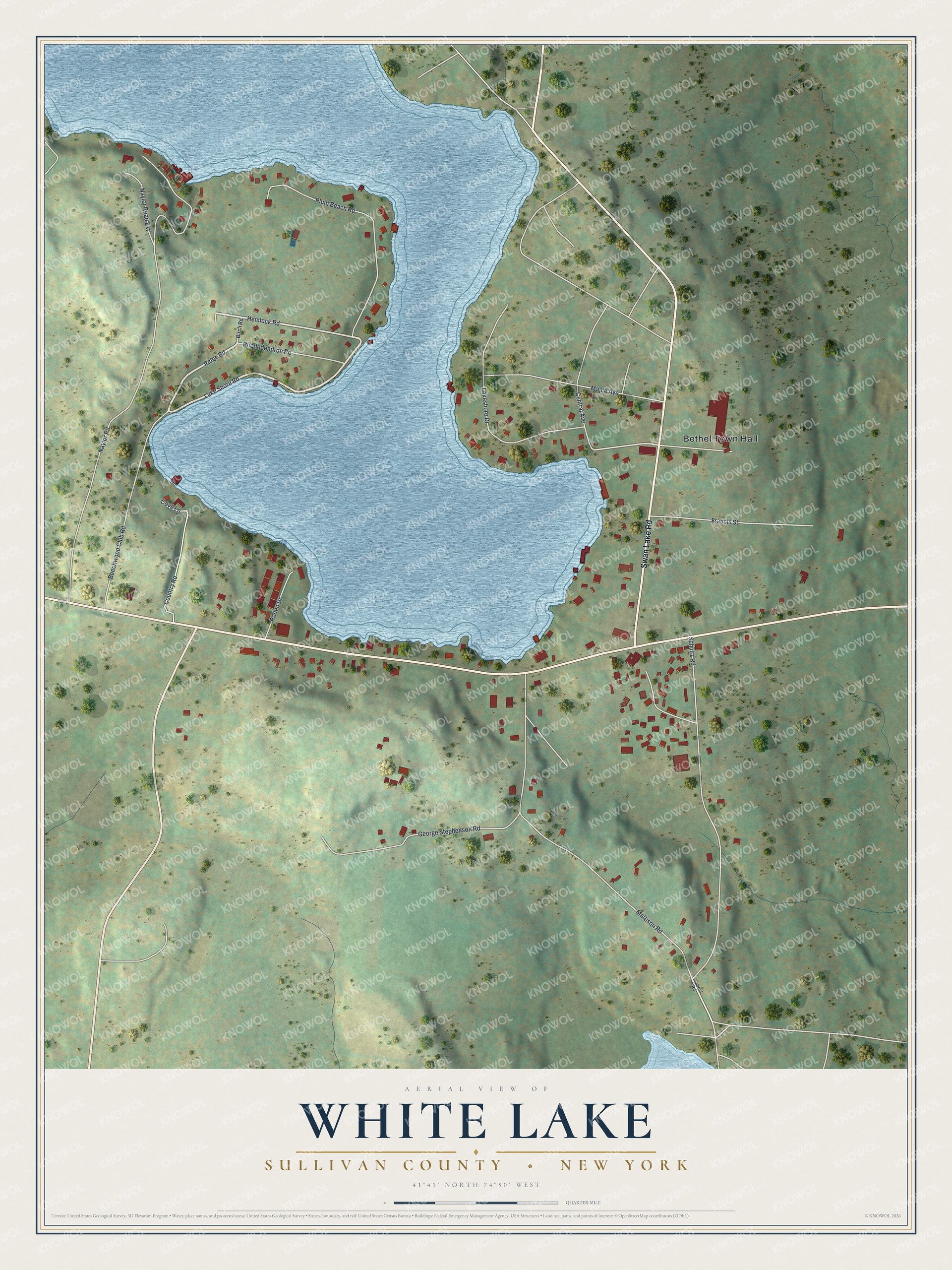 Full map of White Lake, New York, with red buildings, printed street names and the land around them