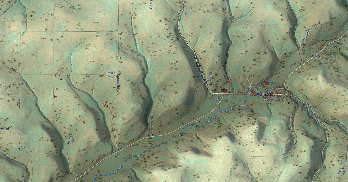 Close-up of streets and buildings in Whitesville, New York