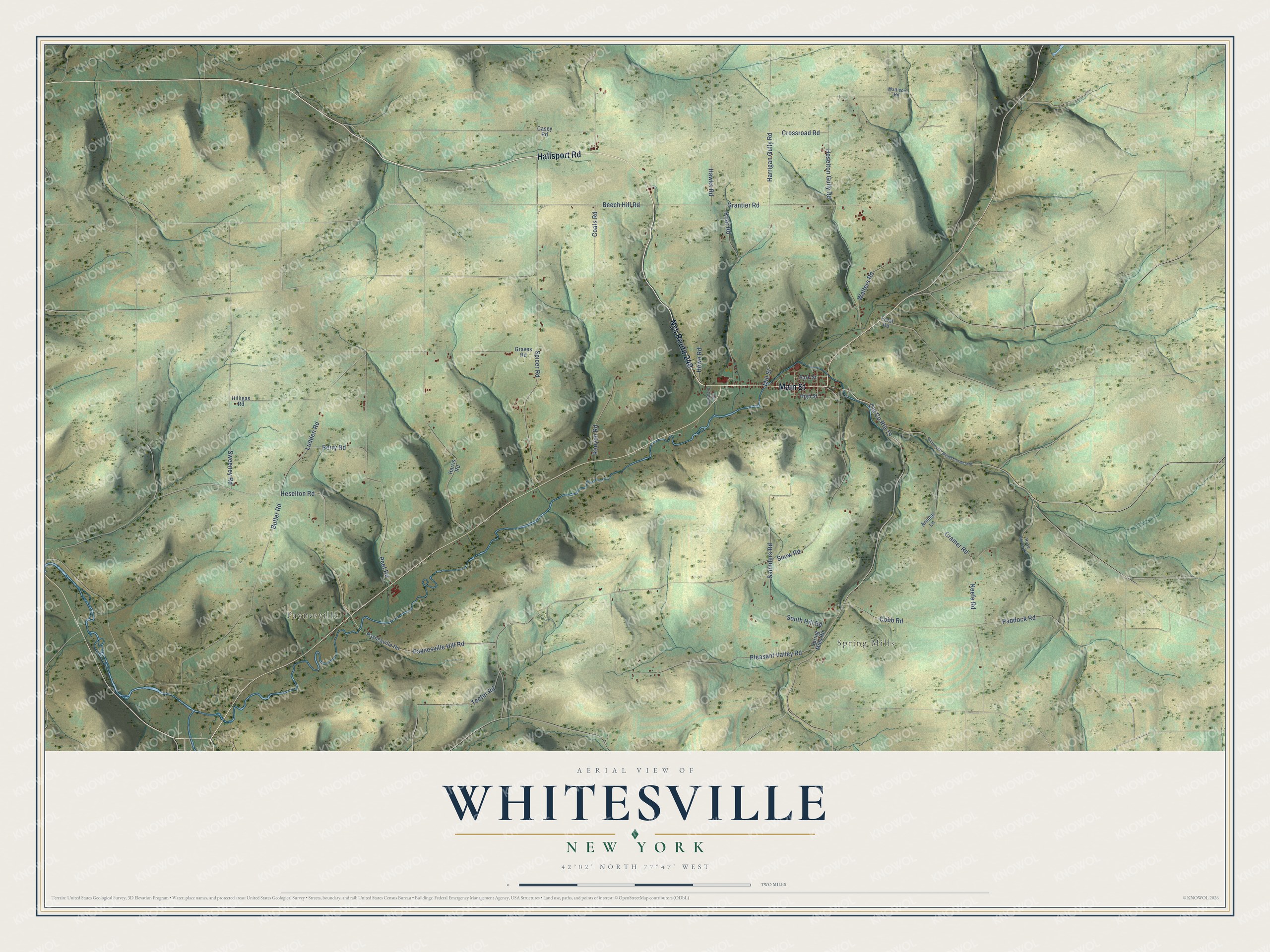 Full map of Whitesville, New York, with red buildings, printed street names and the land around them