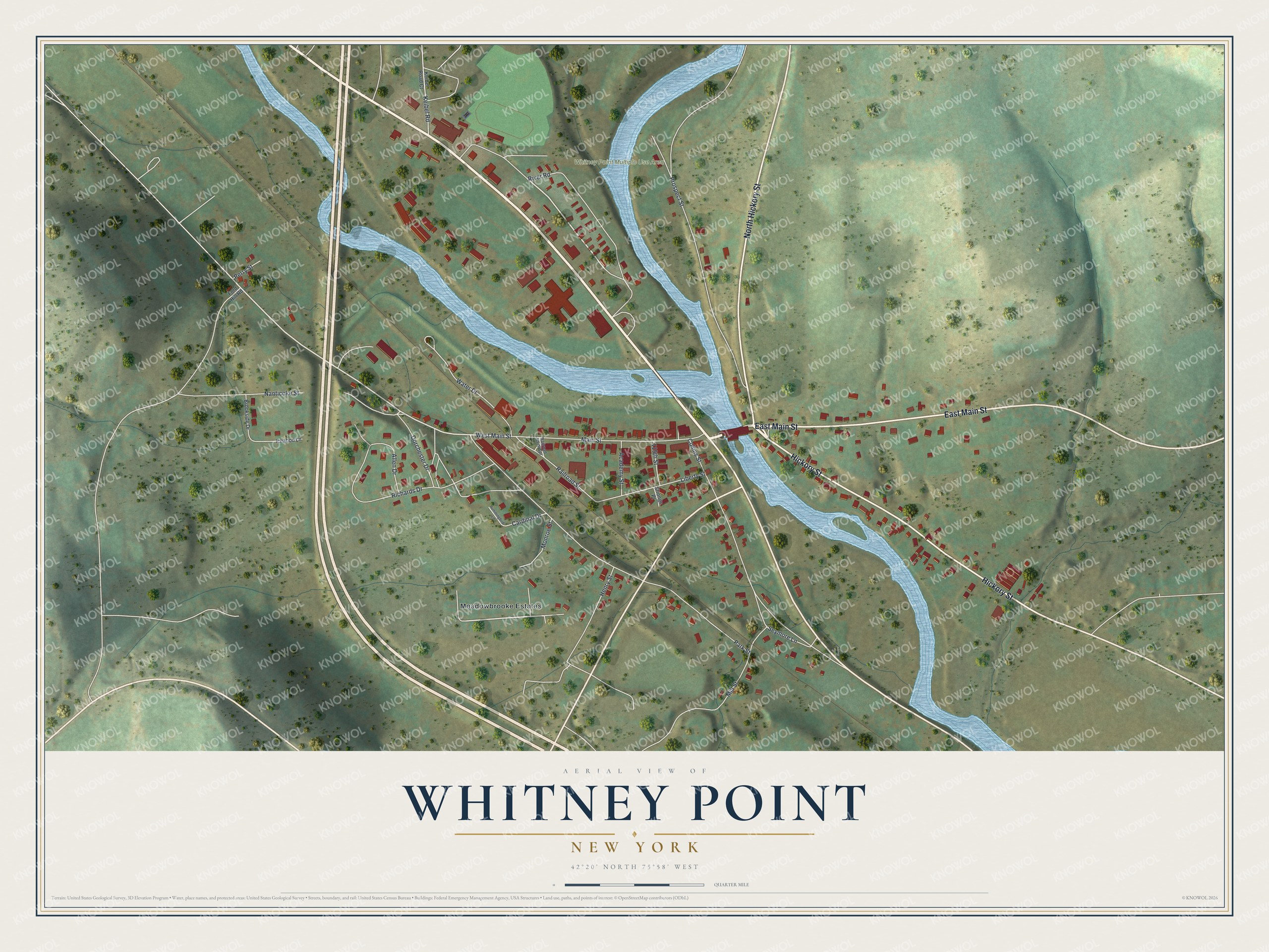 Full map of Whitney Point, New York, with red buildings, printed street names and the land around them