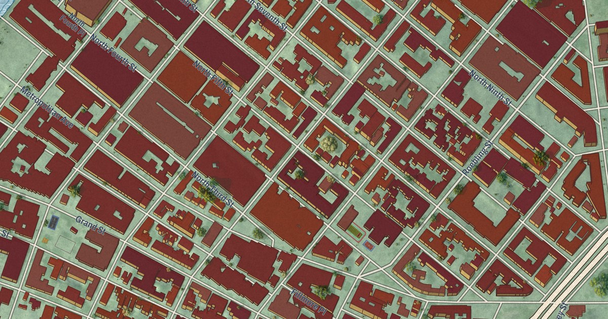 Close-up of streets and buildings in Williamsburg, New York