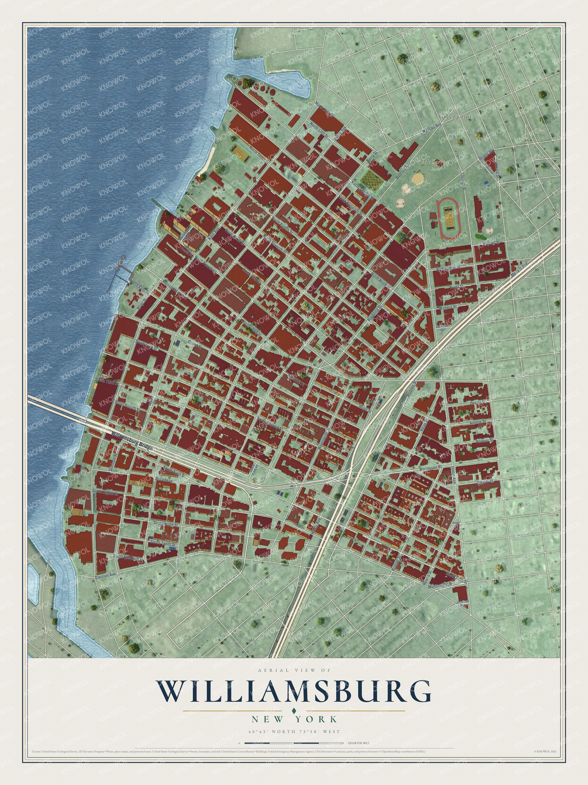 Full map of Williamsburg, New York, with red buildings, printed street names and the land around them