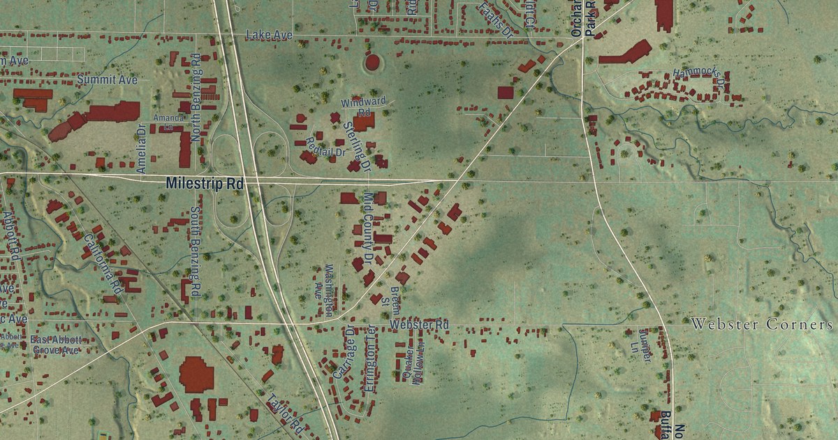 Close-up of streets and buildings in Windom, New York