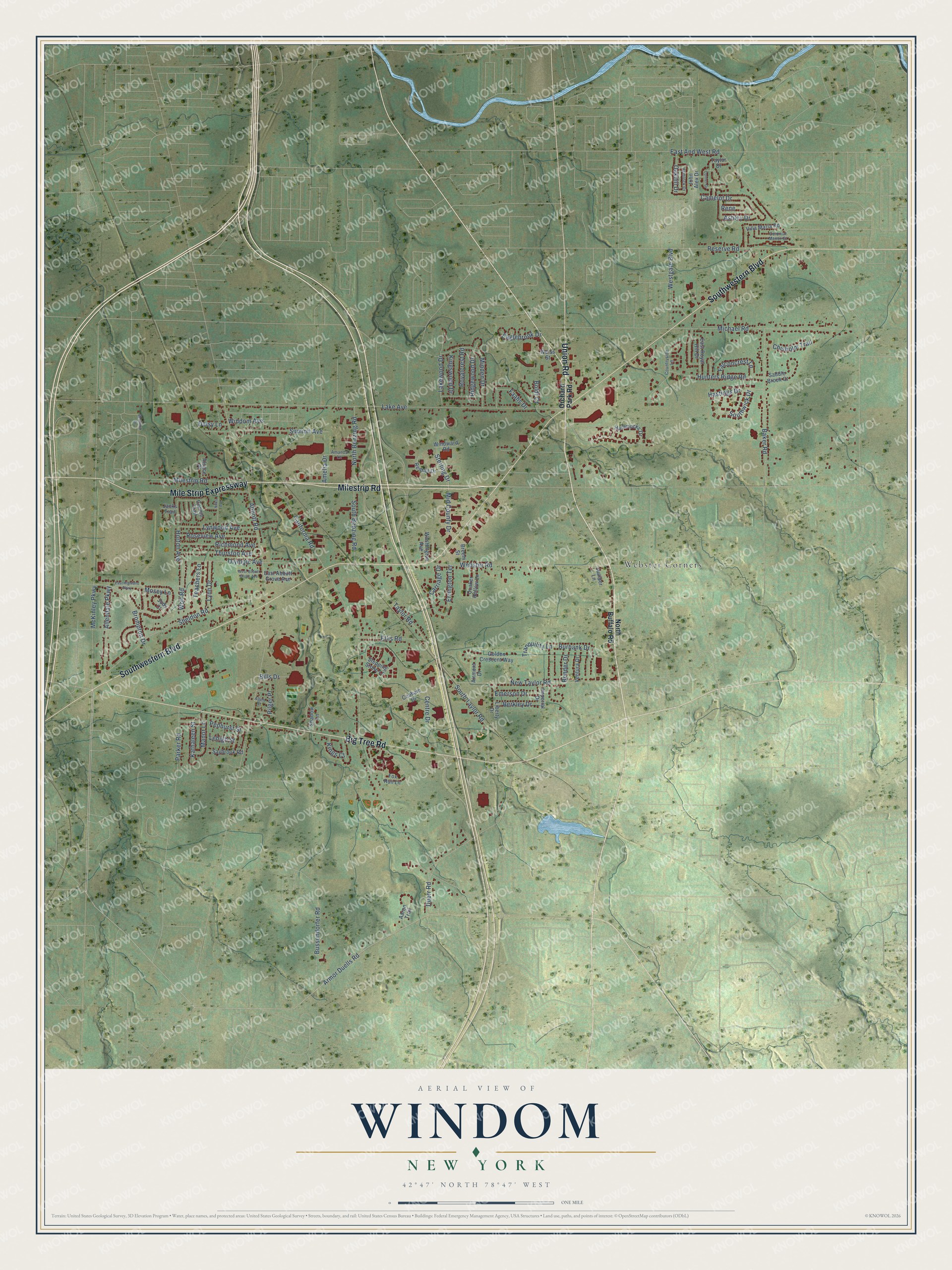 Full map of Windom, New York, with red buildings, printed street names and the land around them