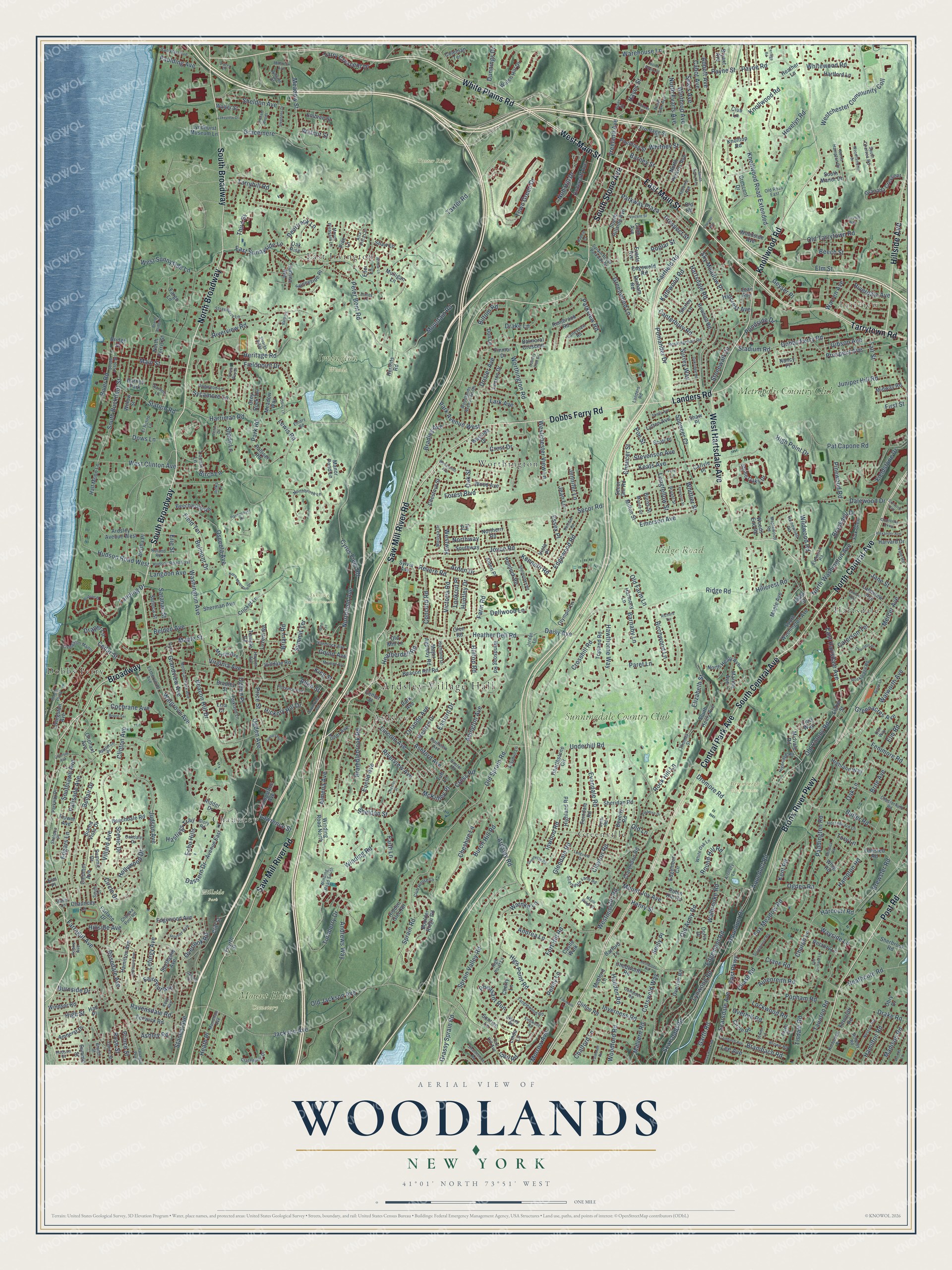 Full map of Woodlands, New York, with red buildings, printed street names and the land around them
