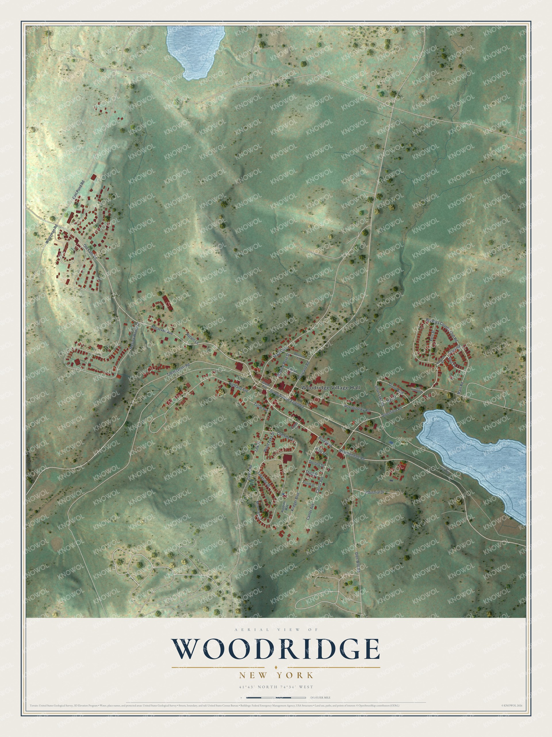 Full map of Woodridge, New York, with red buildings, printed street names and the land around them