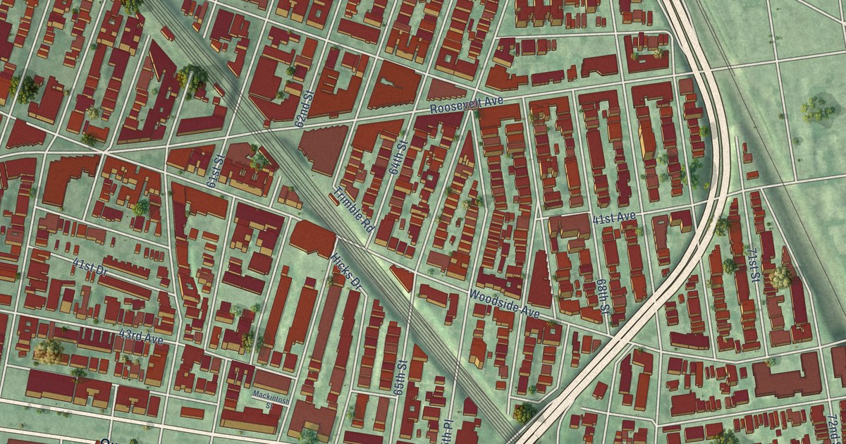 Close-up of streets and buildings in Woodside, New York