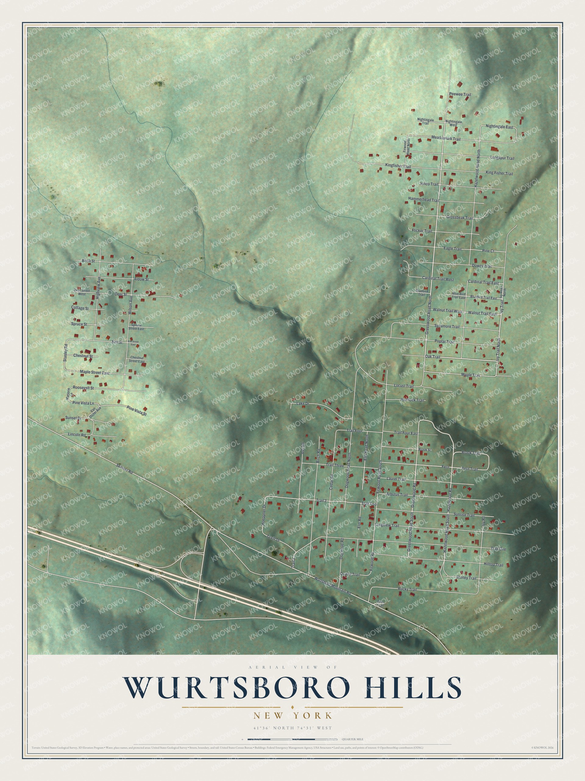 Full map of Wurtsboro Hills, New York, with red buildings, printed street names and the land around them
