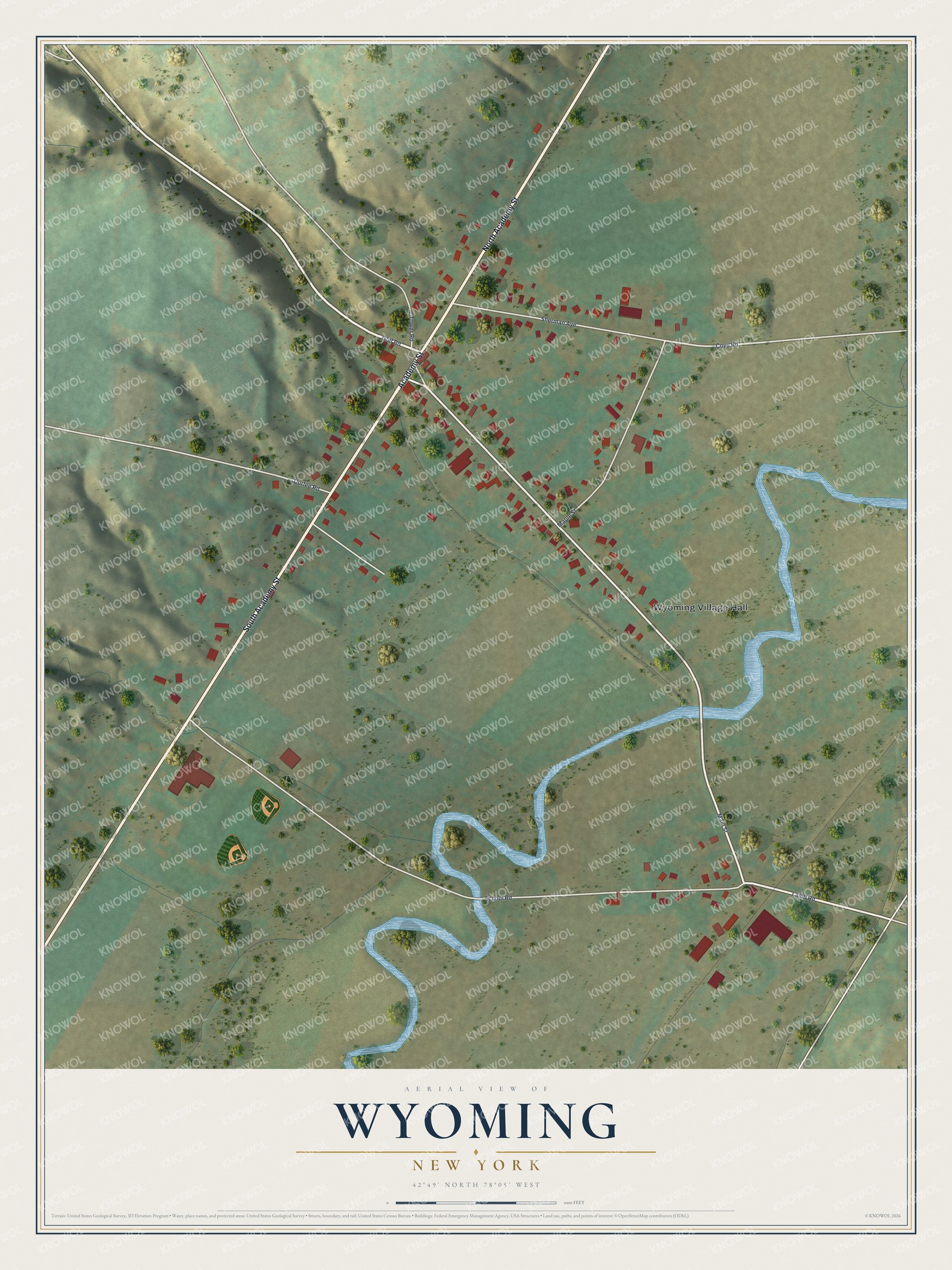 Full map of Wyoming, New York, with red buildings, printed street names and the land around them