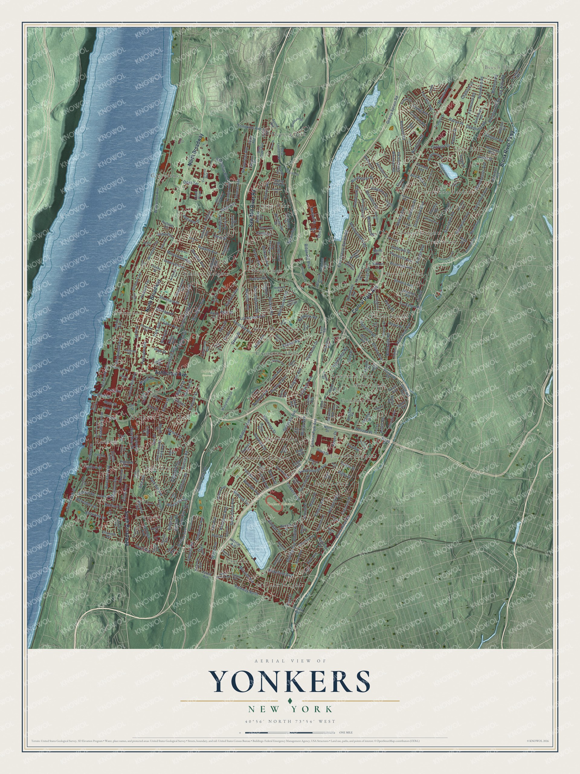 Detailed map of Yonkers, New York, showing streets, buildings, neighborhoods, and parks