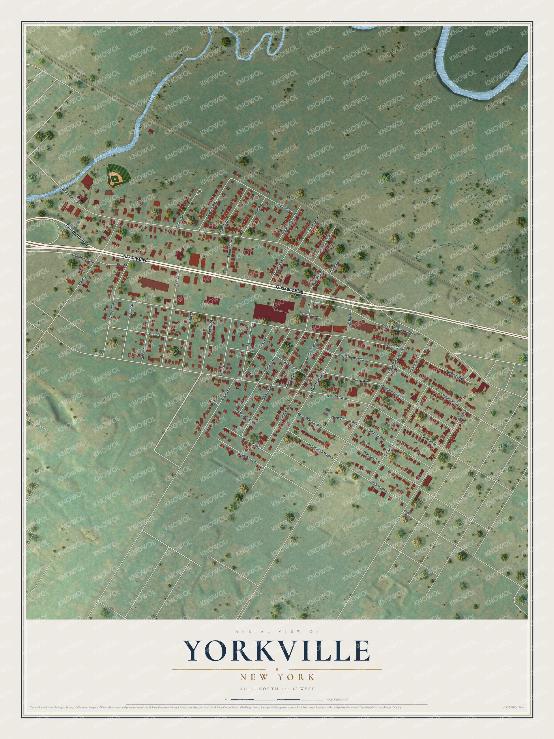 Full map of Yorkville, New York, with red buildings, printed street names and the land around them