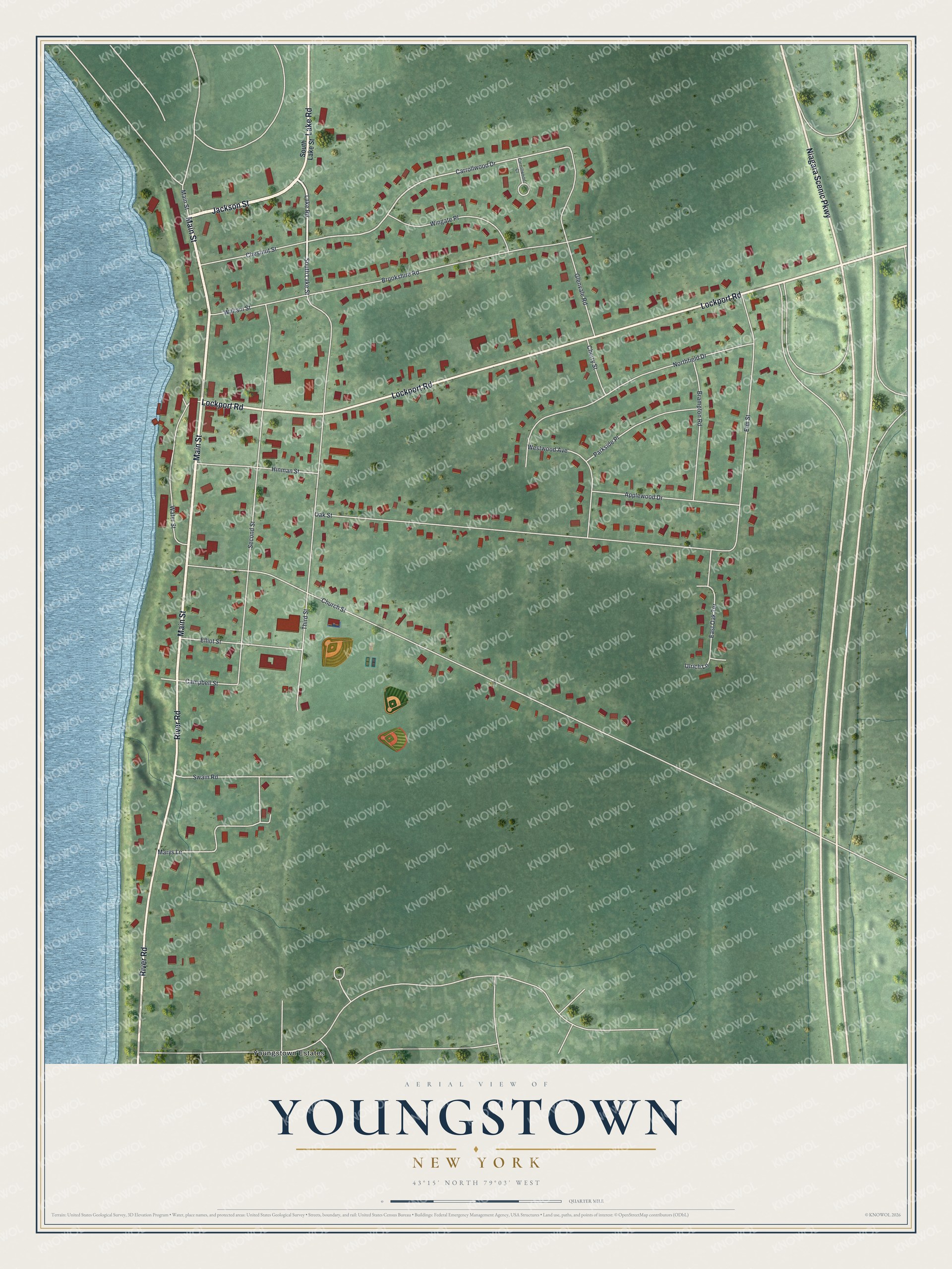 Full map of Youngstown, New York, with red buildings, printed street names and the land around them