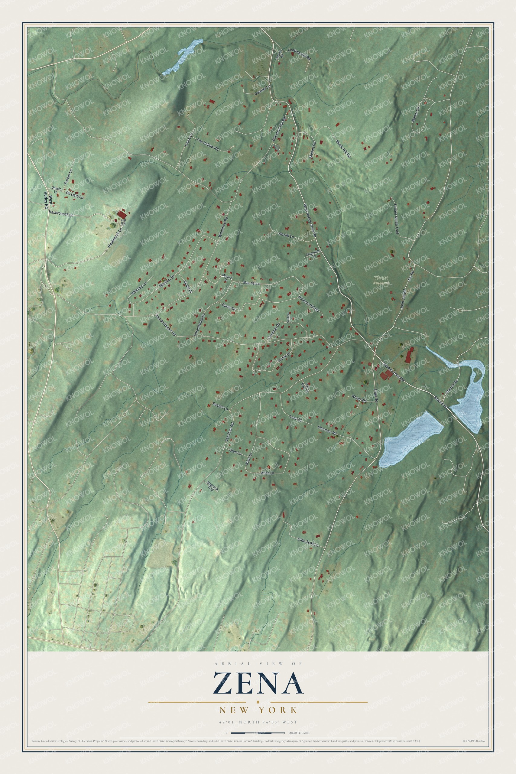 Full map of Zena, New York, with red buildings, printed street names and the land around them