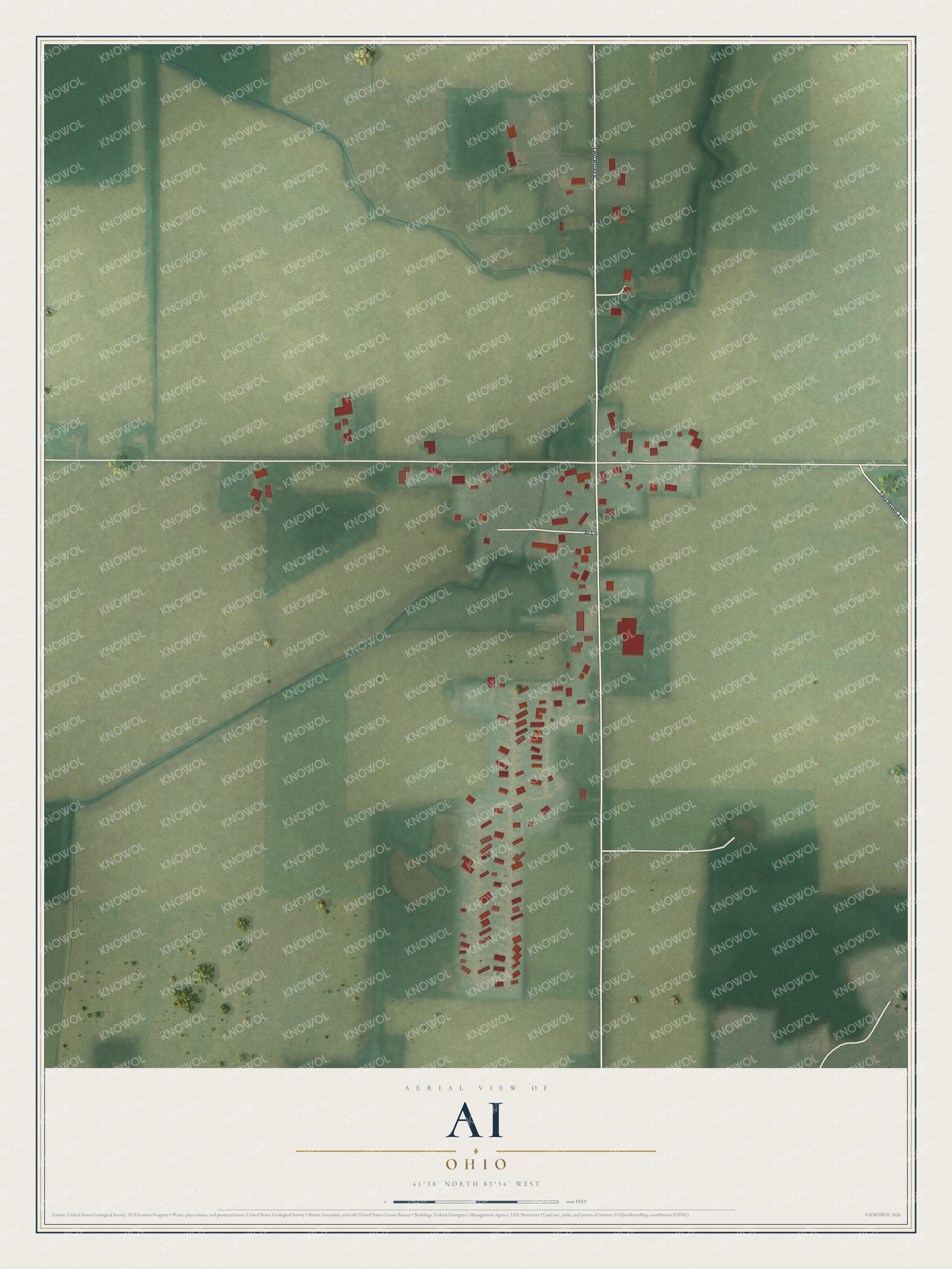 Full map of Ai, Ohio, with red buildings, printed street names and the land around them