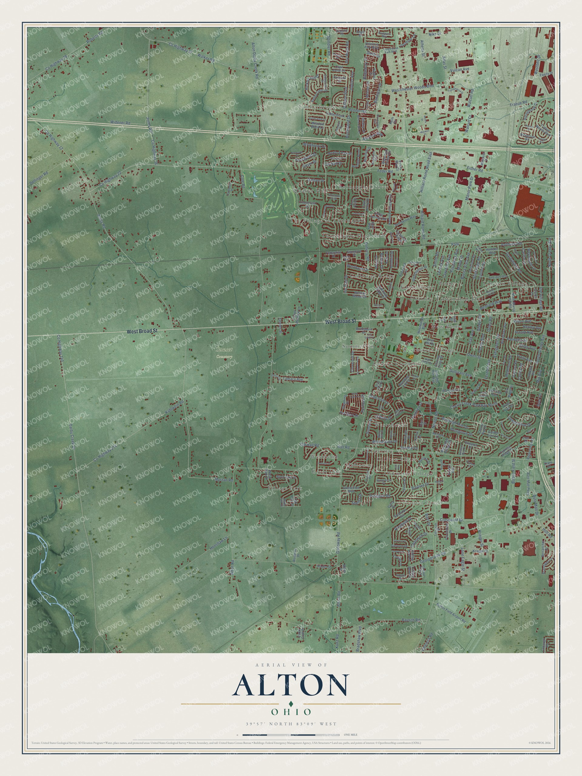 Full map of Alton, Ohio, with red buildings, printed street names and the land around them