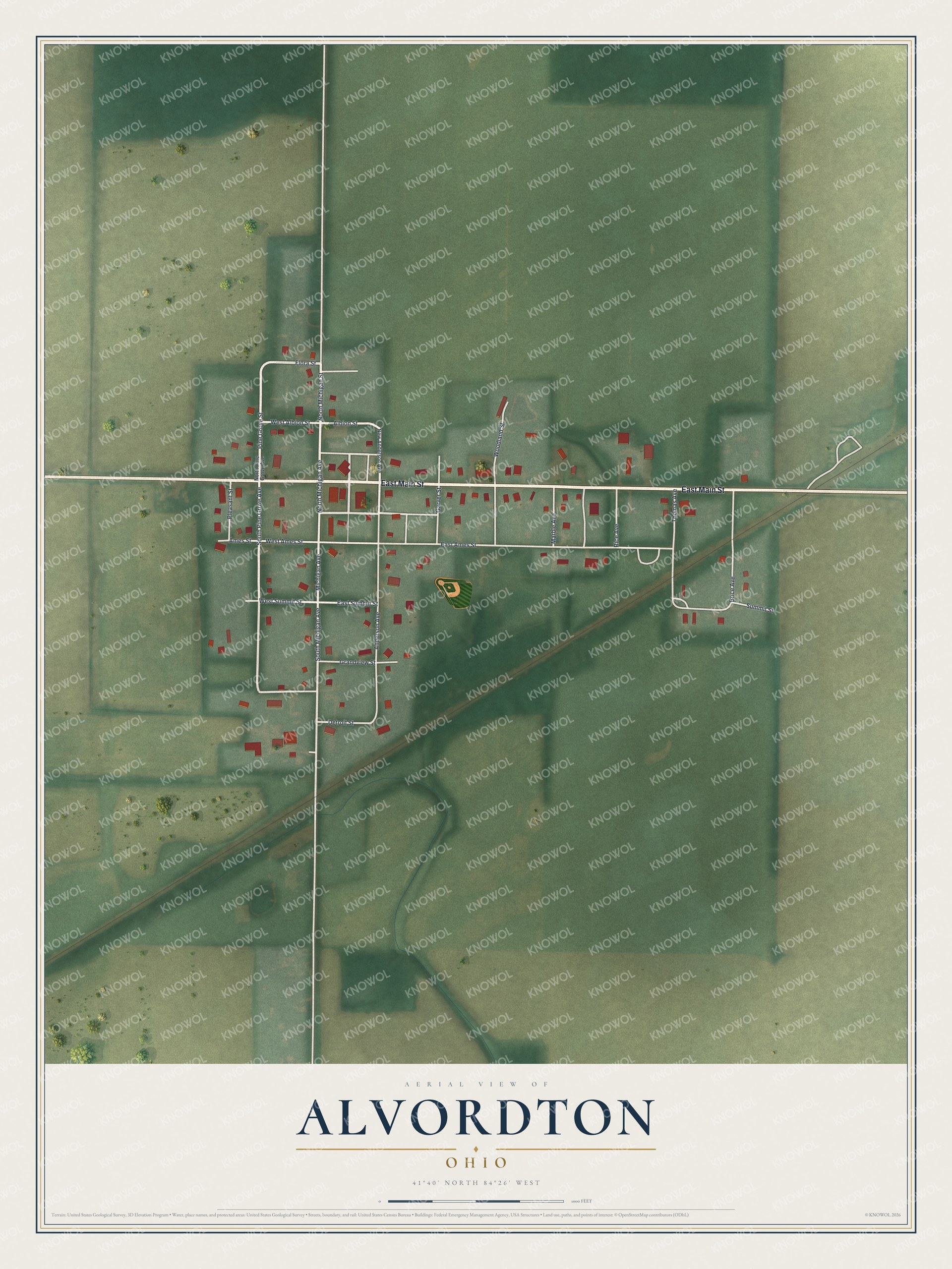 Full map of Alvordton, Ohio, with red buildings, printed street names and the land around them