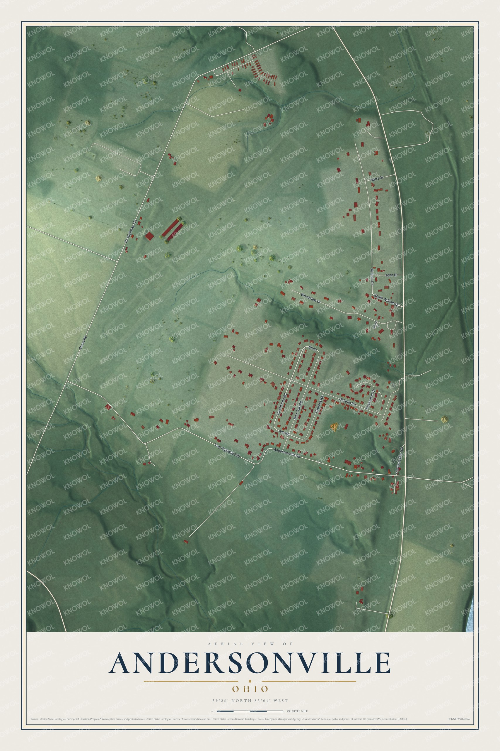 Full map of Andersonville, Ohio, with red buildings, printed street names and the land around them