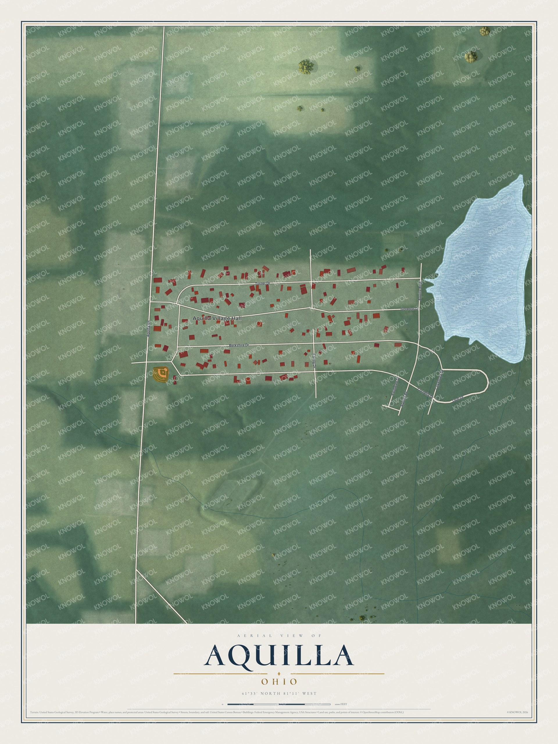 Full map of Aquilla, Ohio, with red buildings, printed street names and the land around them
