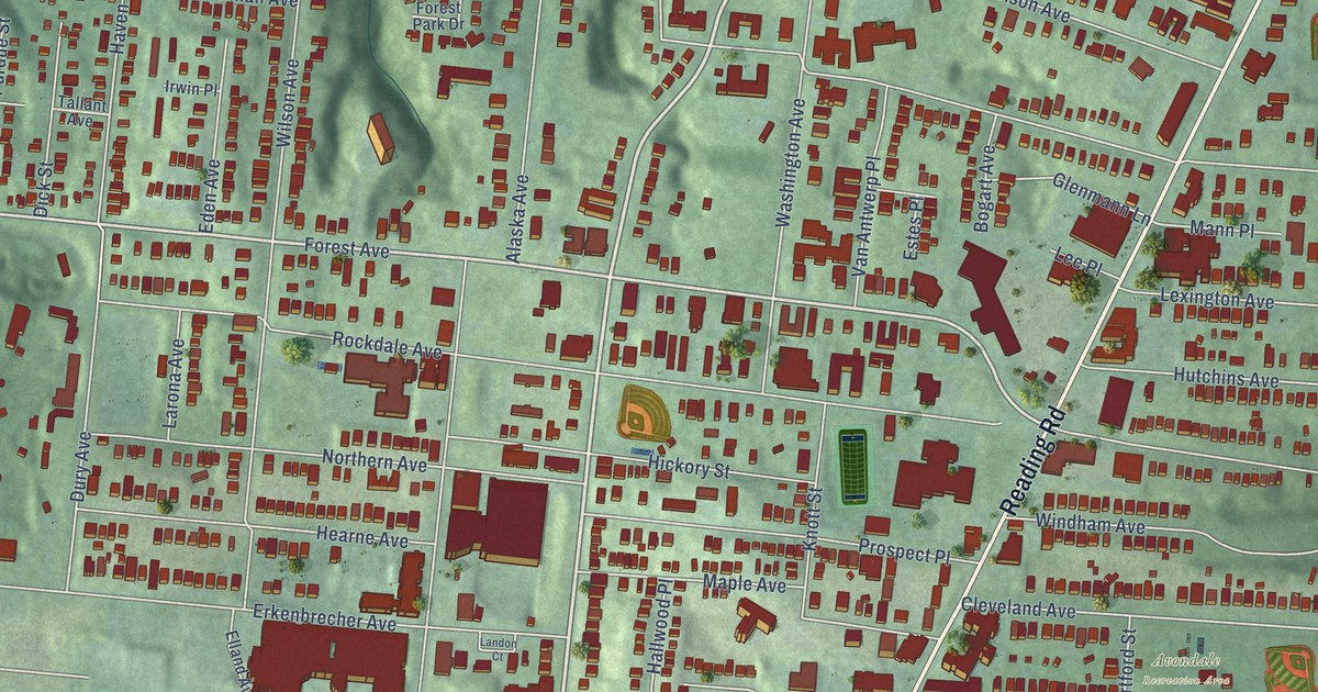 Close-up of streets and buildings in Avondale, Cincinnati, Ohio