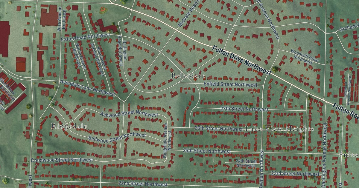 Close-up of streets and buildings in Avondale, Ohio