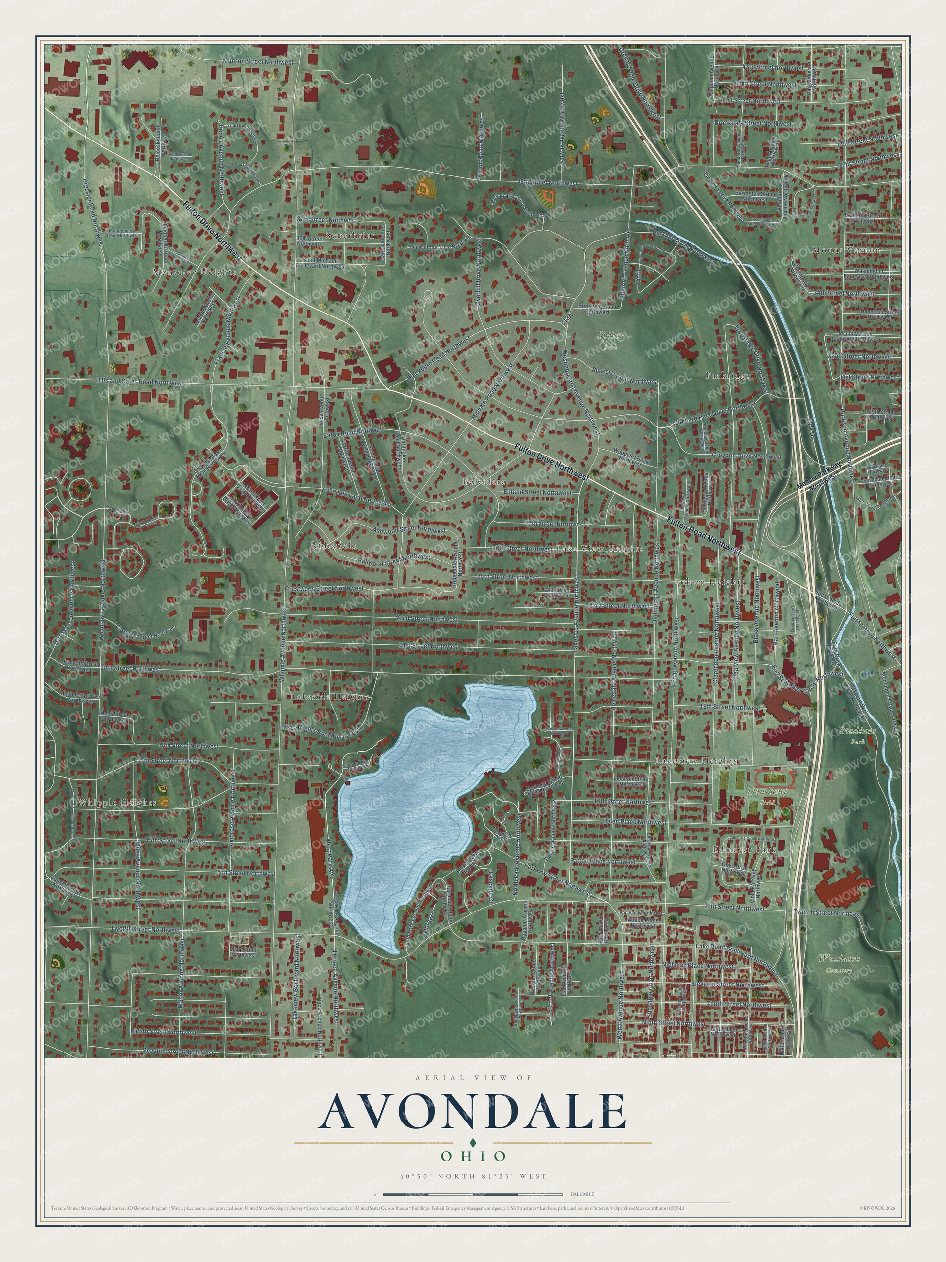 Full map of Avondale, Ohio, with red buildings, printed street names and the land around them