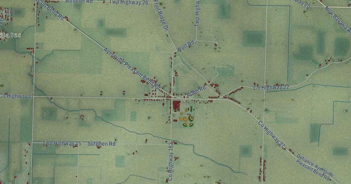Close-up of streets and buildings in Ayersville, Ohio
