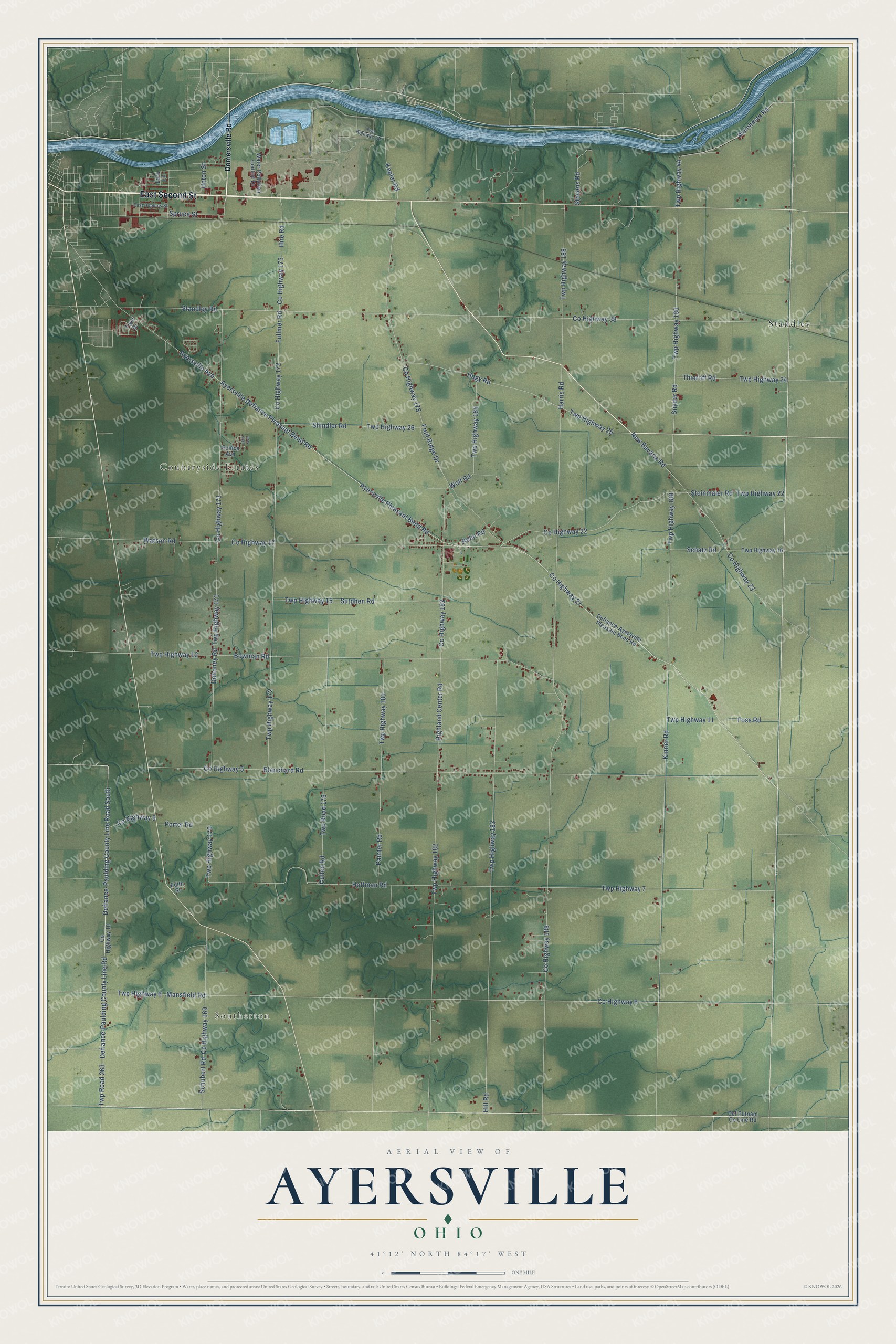 Full map of Ayersville, Ohio, with red buildings, printed street names and the land around them