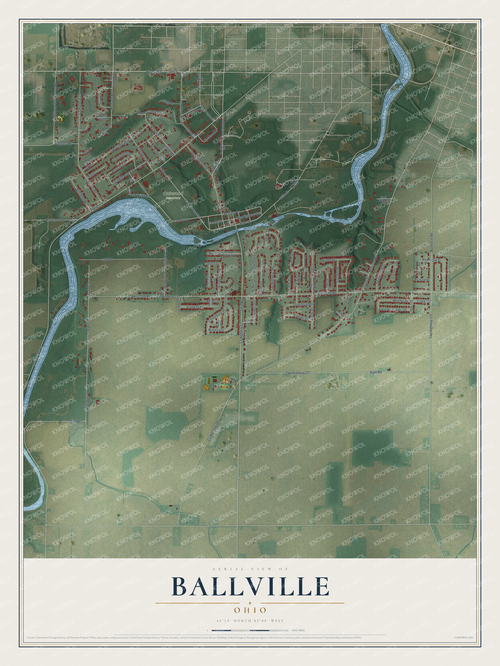 Full map of Ballville, Ohio, with red buildings, printed street names and the land around them
