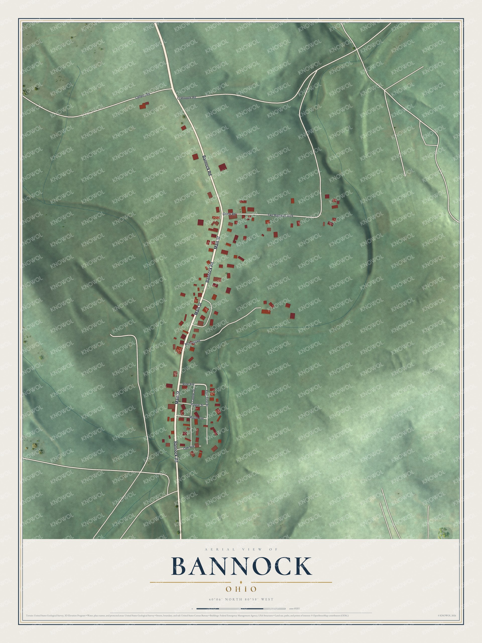Full map of Bannock, Ohio, with red buildings, printed street names and the land around them