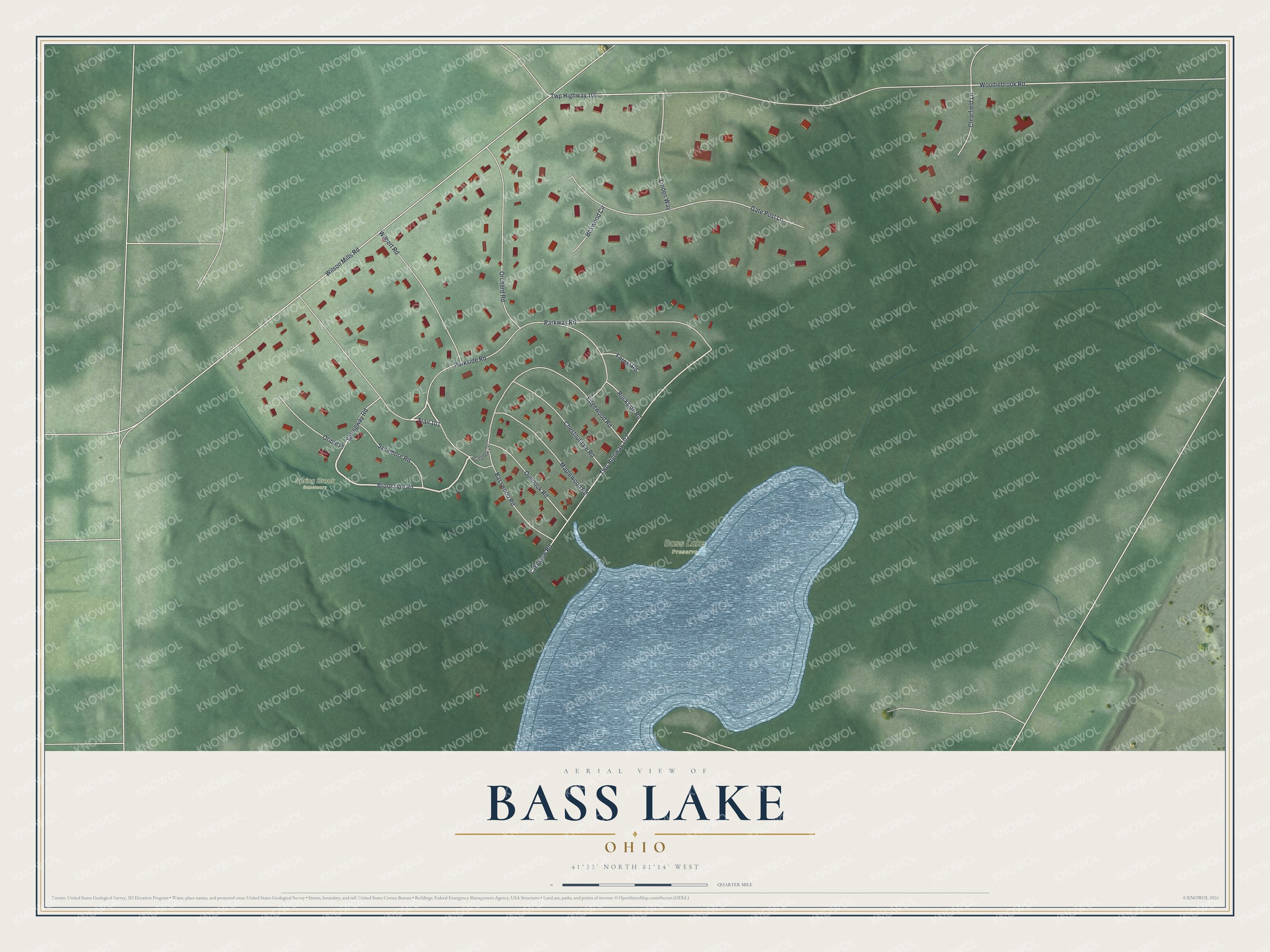 Full map of Bass Lake, Ohio, with red buildings, printed street names and the land around them